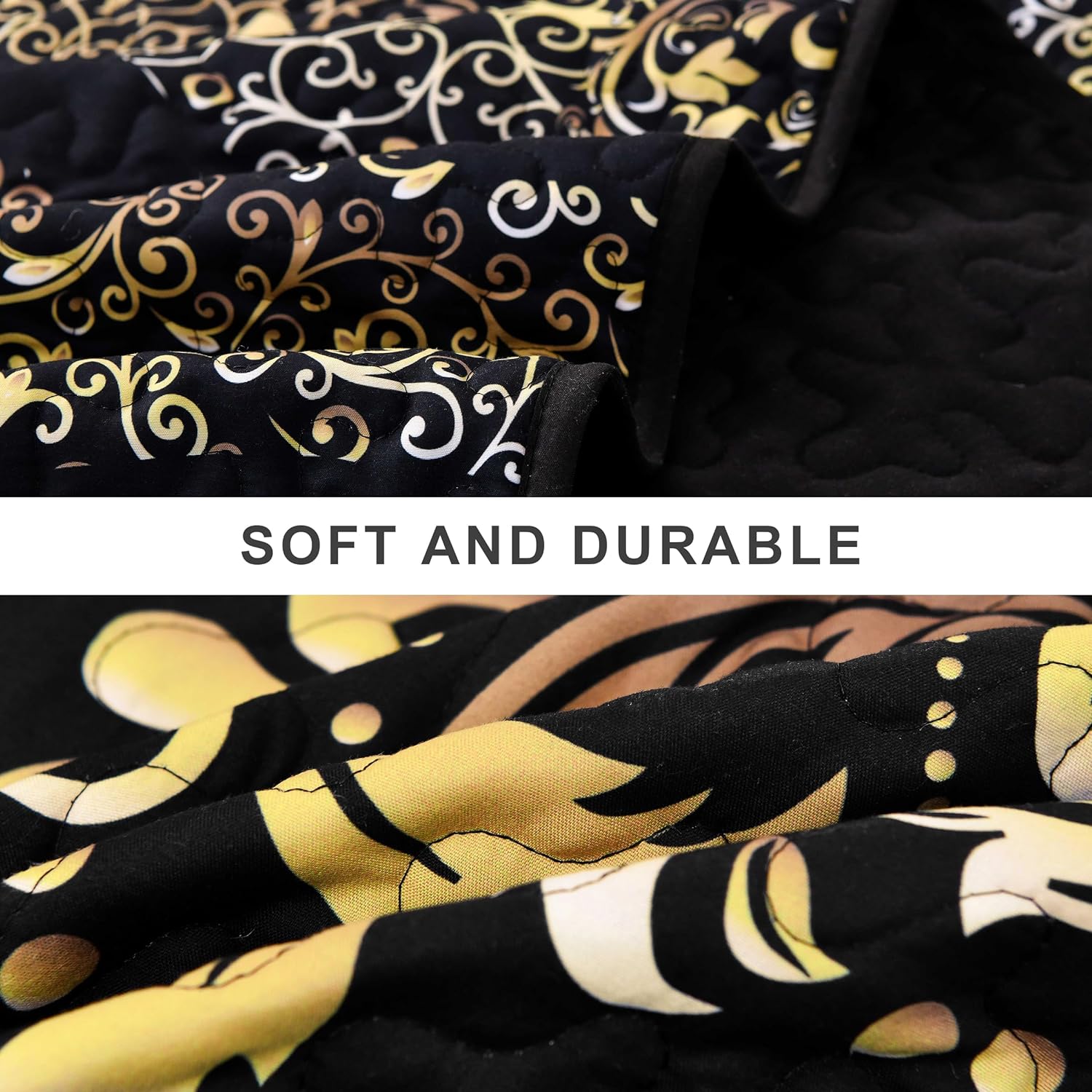 Luminous Quilted Coverlet and Pillowcases Set: Brighten Your Bedroom Atmosphere - Queen size with black and gold quilt detailing