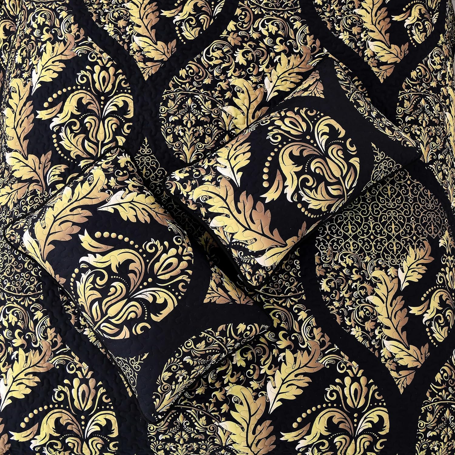 Luminous Quilted Coverlet and Pillowcases Set: Brighten Your Bedroom Atmosphere - Queen size with intricate gold and black pattern.