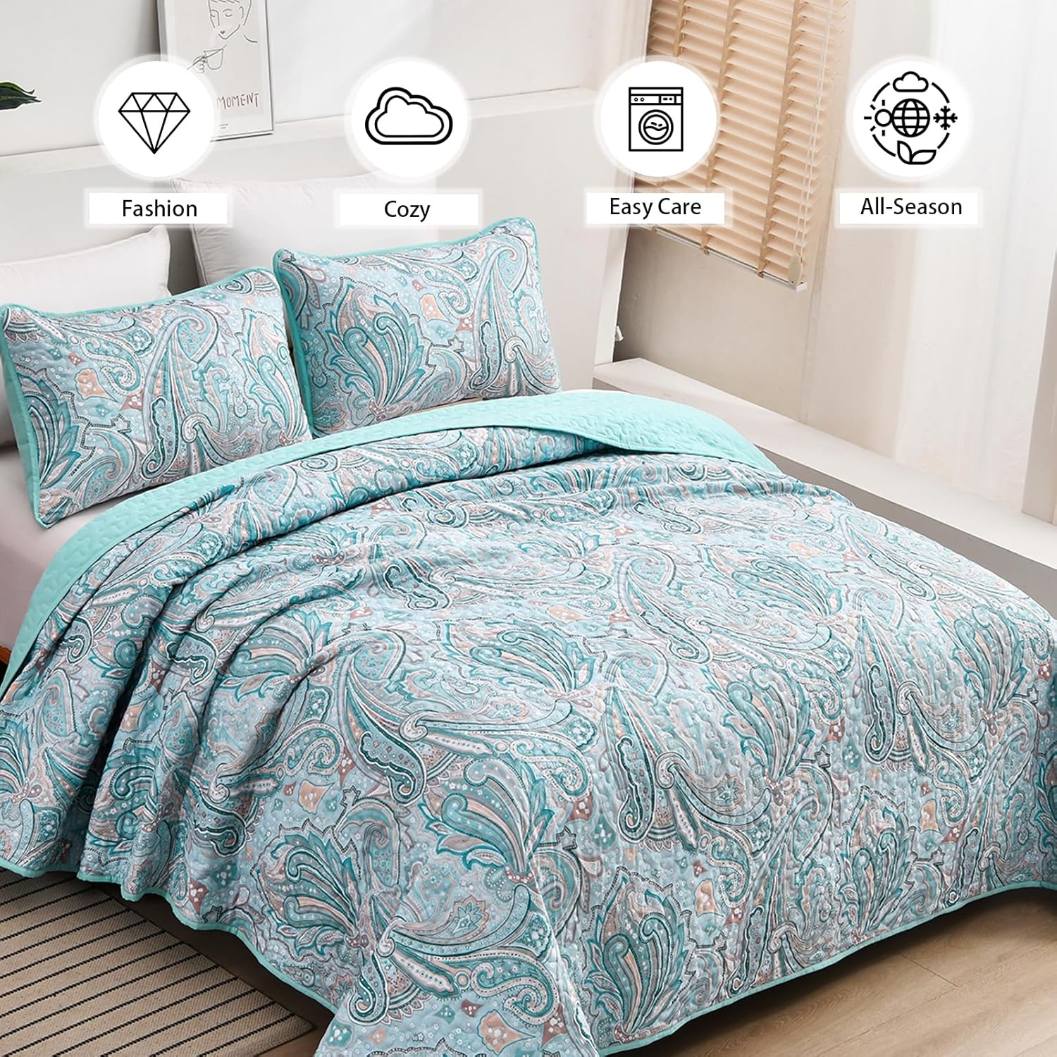 Distinctive Quilted Coverlet and Pillowcases Set: Make a Bold Statement - Queen size in light blue paisley pattern on bedzy bed