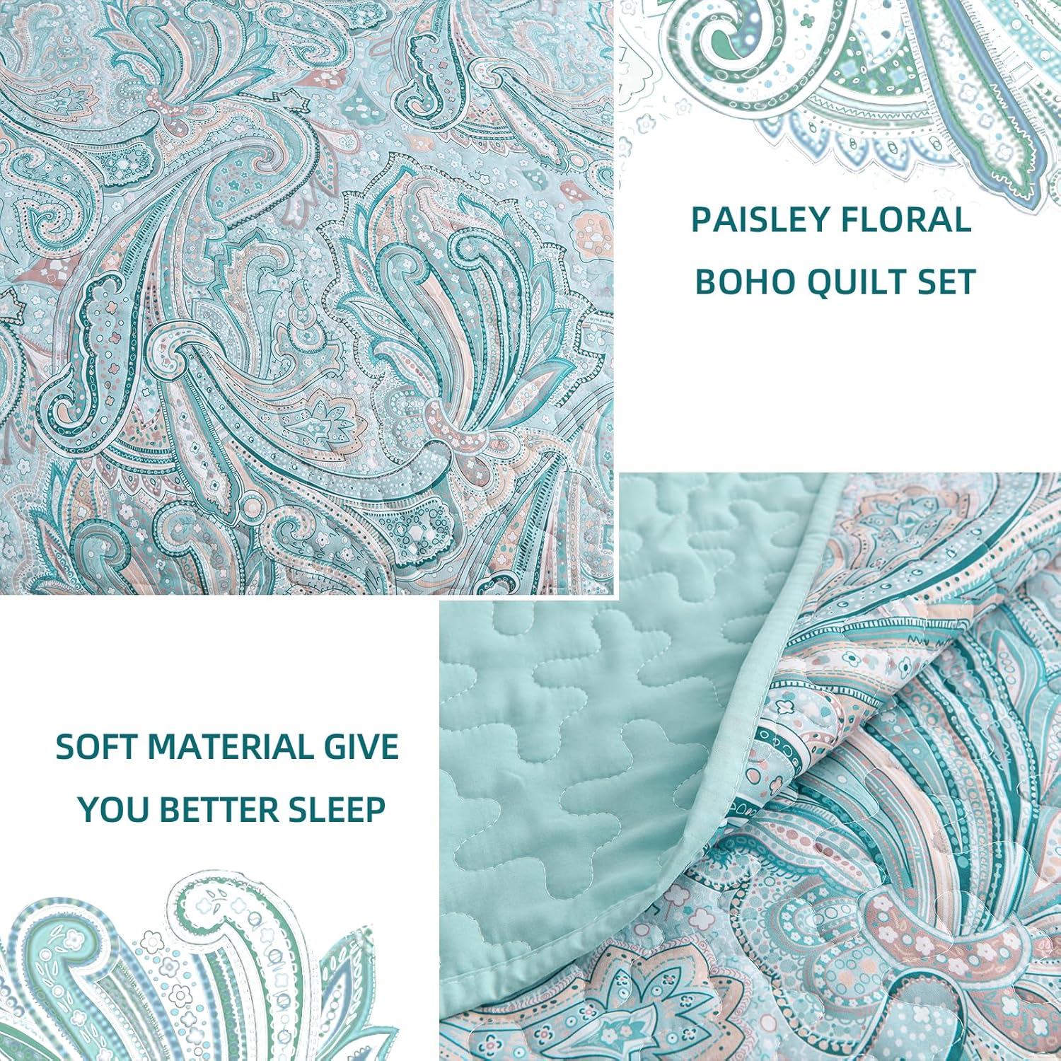 Distinctive Quilted Coverlet and Pillowcases Set: Make a Bold Statement - Queen size with paisley floral design and soft reversible fabric