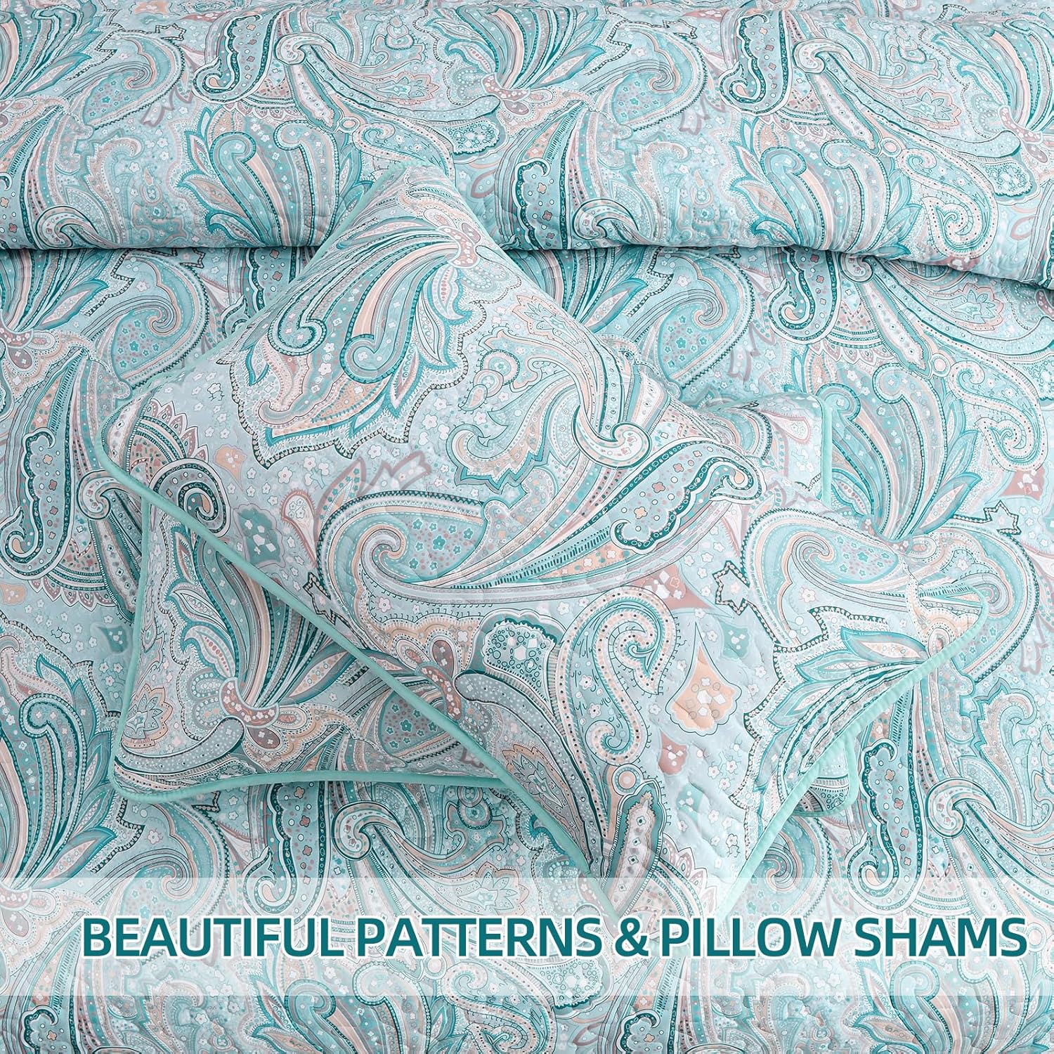 Distinctive Quilted Coverlet and Pillowcases Set: Make a Bold Statement - Queen size with blue paisley pattern and matching pillow shams