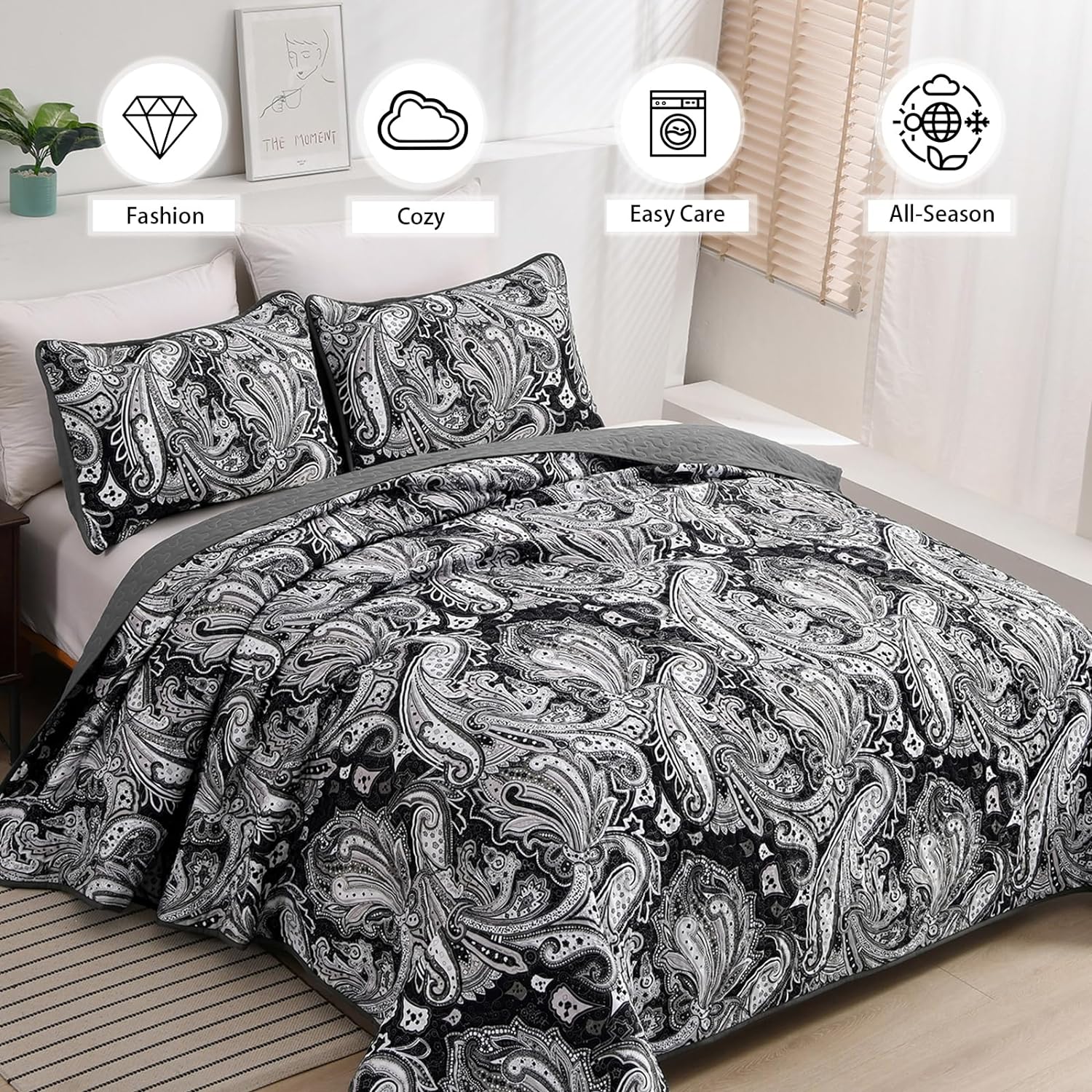 Artful Quilted Coverlet and Pillowcases Set: Beauty in Every Stitch - Queen size with black paisley design on bedzy bed