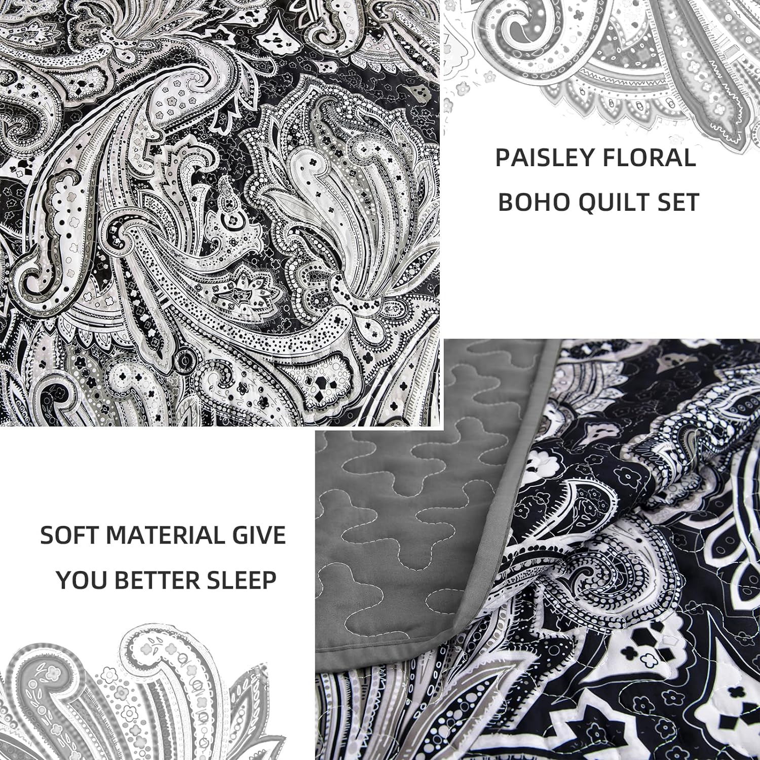 Artful Quilted Coverlet and Pillowcases Set: Beauty in Every Stitch - Queen size with paisley boho design and soft quilting detail