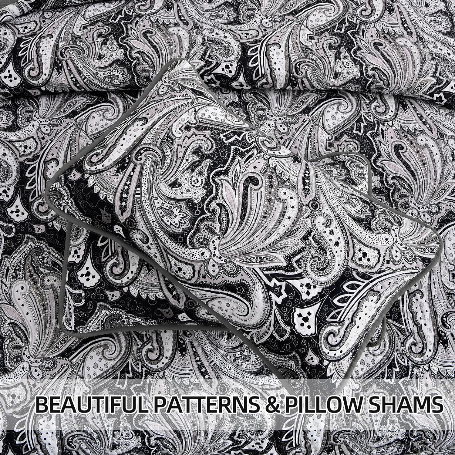 Artful Quilted Coverlet and Pillowcases Set: Beauty in Every Stitch - Queen size with intricate black and white paisley pattern
