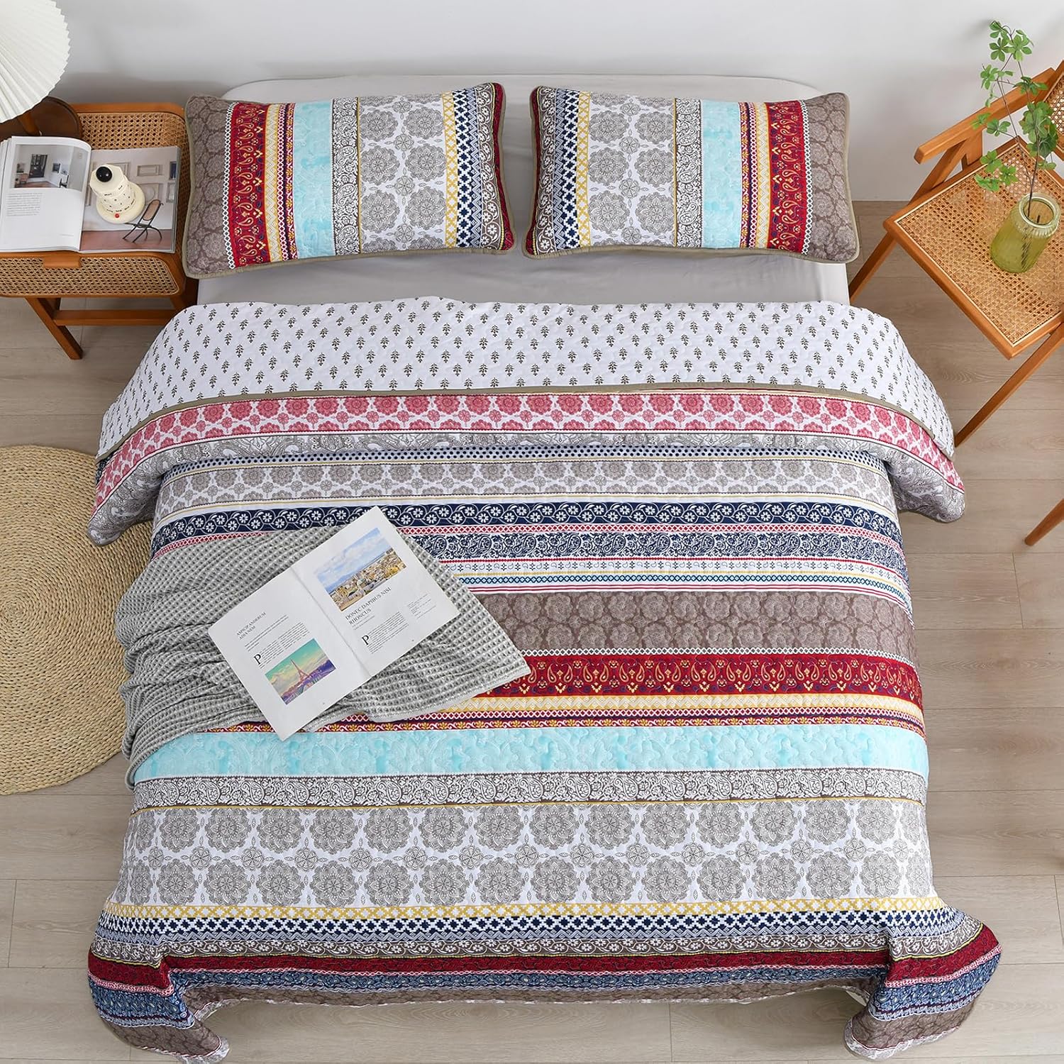 Ethereal Textured bloom 3 Pc Bedspread & Pillow Cover Set with multicolor patterned quilt and matching pillow covers on bed