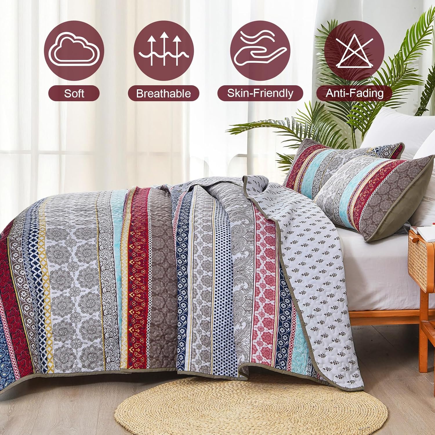 Ethereal Textured bloom 3 Pc Bedspread & Pillow Cover Set in colorful patterns on bed with soft breathable fabric
