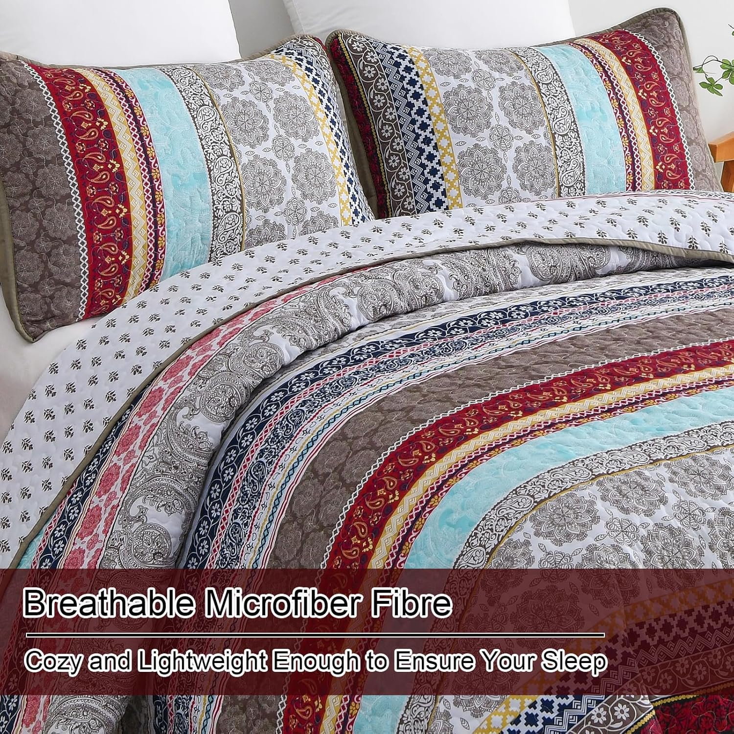 Ethereal Textured bloom 3 Pc Bedspread & Pillow Cover Set with colorful patterned quilt and matching pillow covers on bed