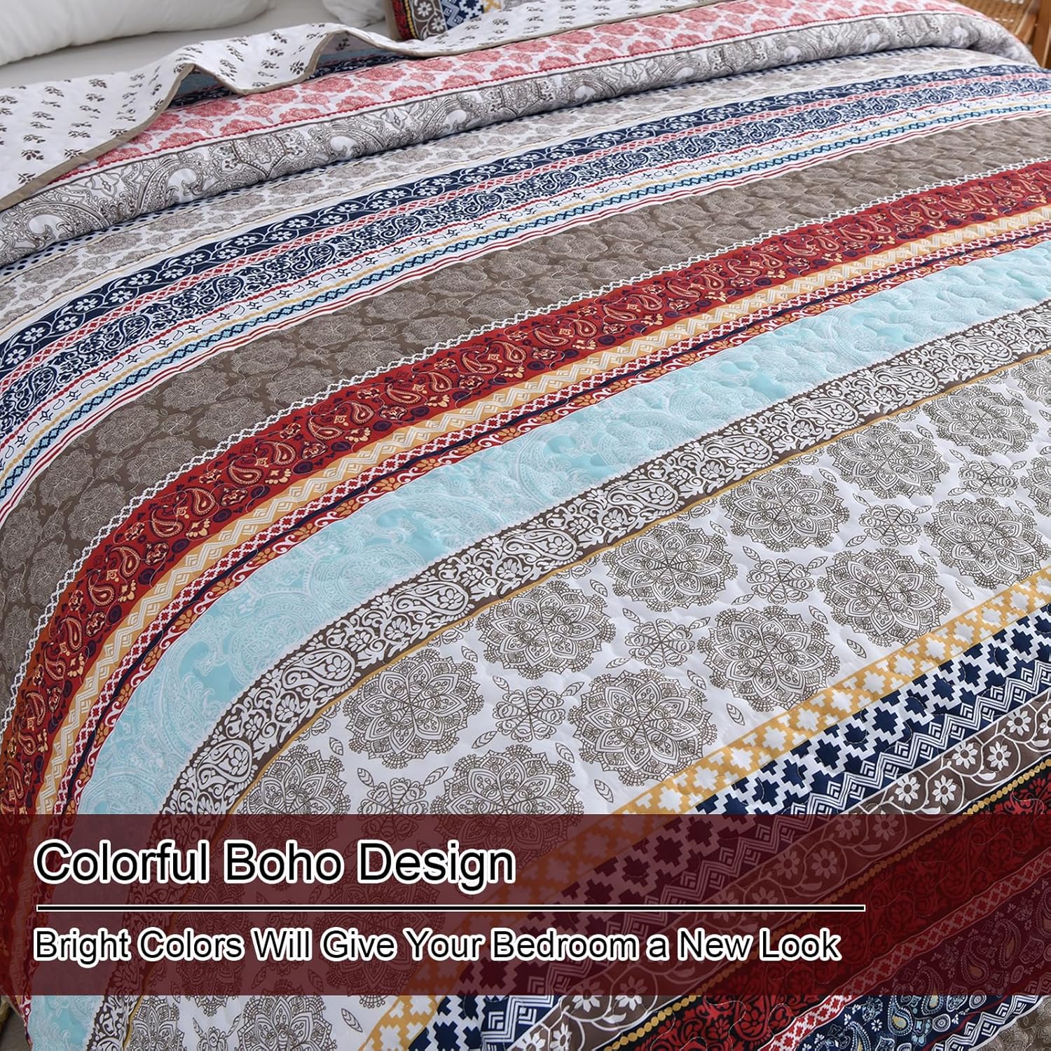 Ethereal Textured bloom 3 Pc Bedspread & Pillow Cover Set with colorful boho pattern and textured quilt design close-up view