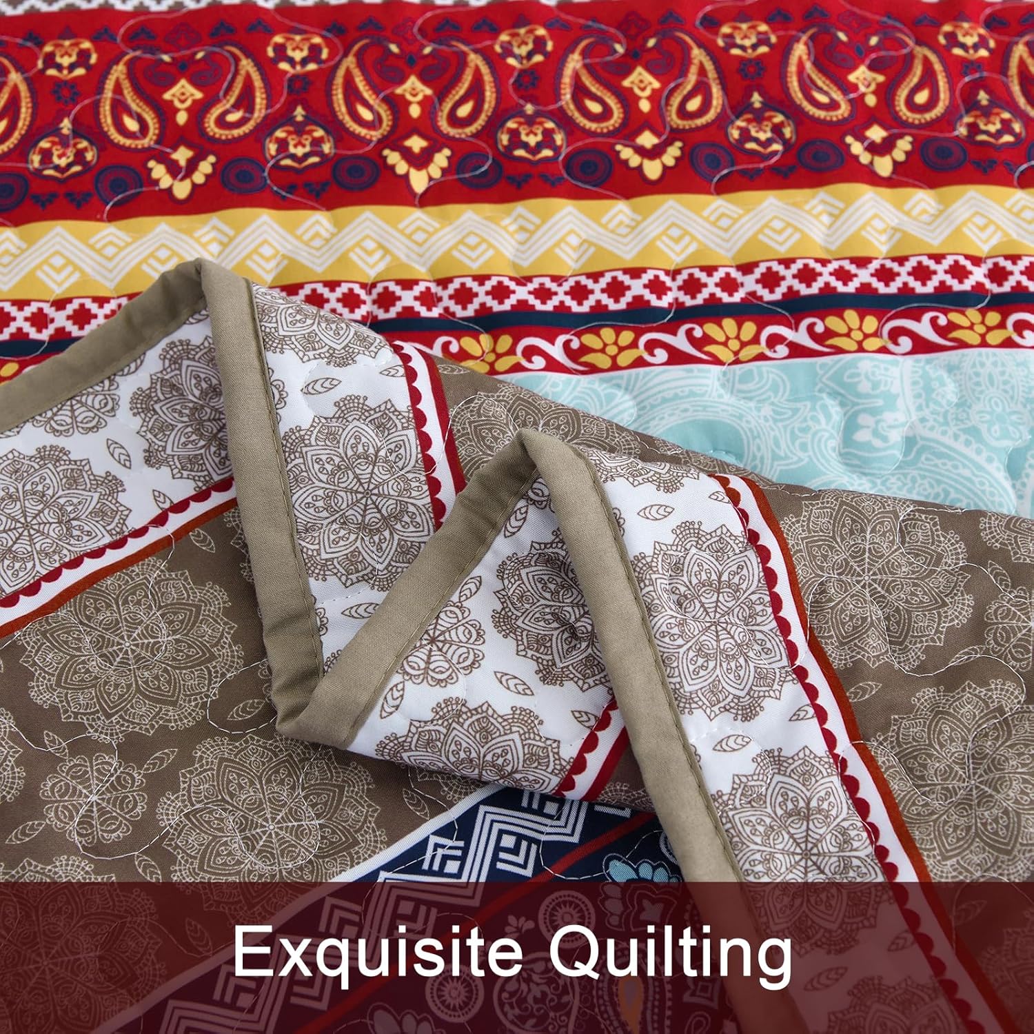 Ethereal Textured bloom 3 Pc Bedspread & Pillow Cover Set with intricate quilting and multicolor patterned fabric close-up view