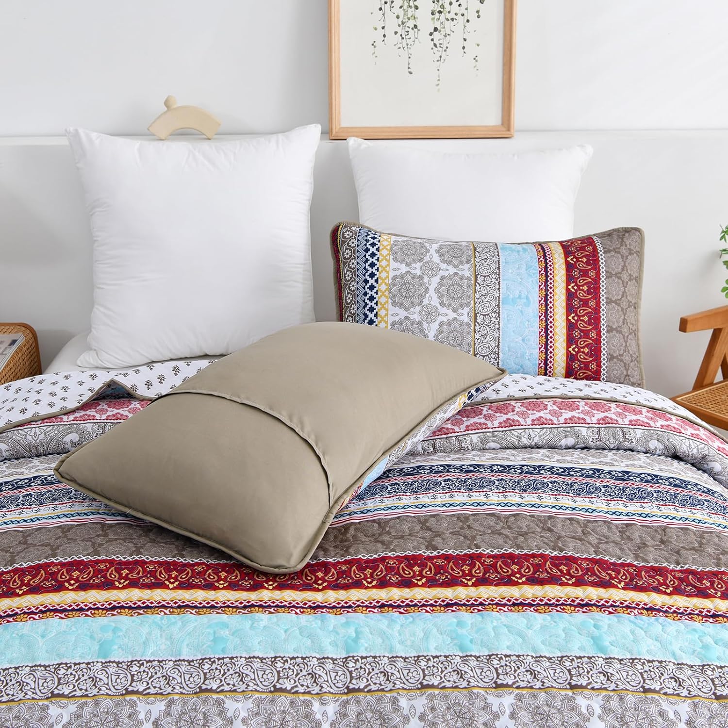 Ethereal Textured bloom 3 Pc Bedspread & Pillow Cover Set on bed with patterned quilt and matching pillow covers in bedroom setting