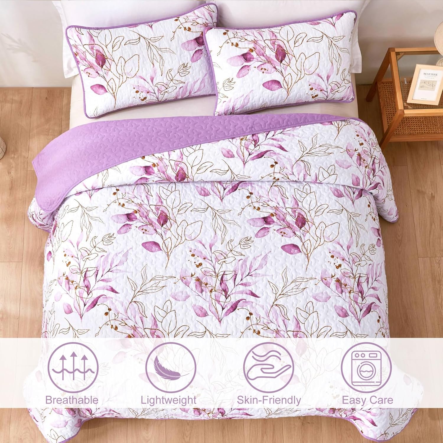 Unique Quilted bedspread and pillowcovers set: Stand Out in Style - Queen size with floral design on bed in bedroom setting