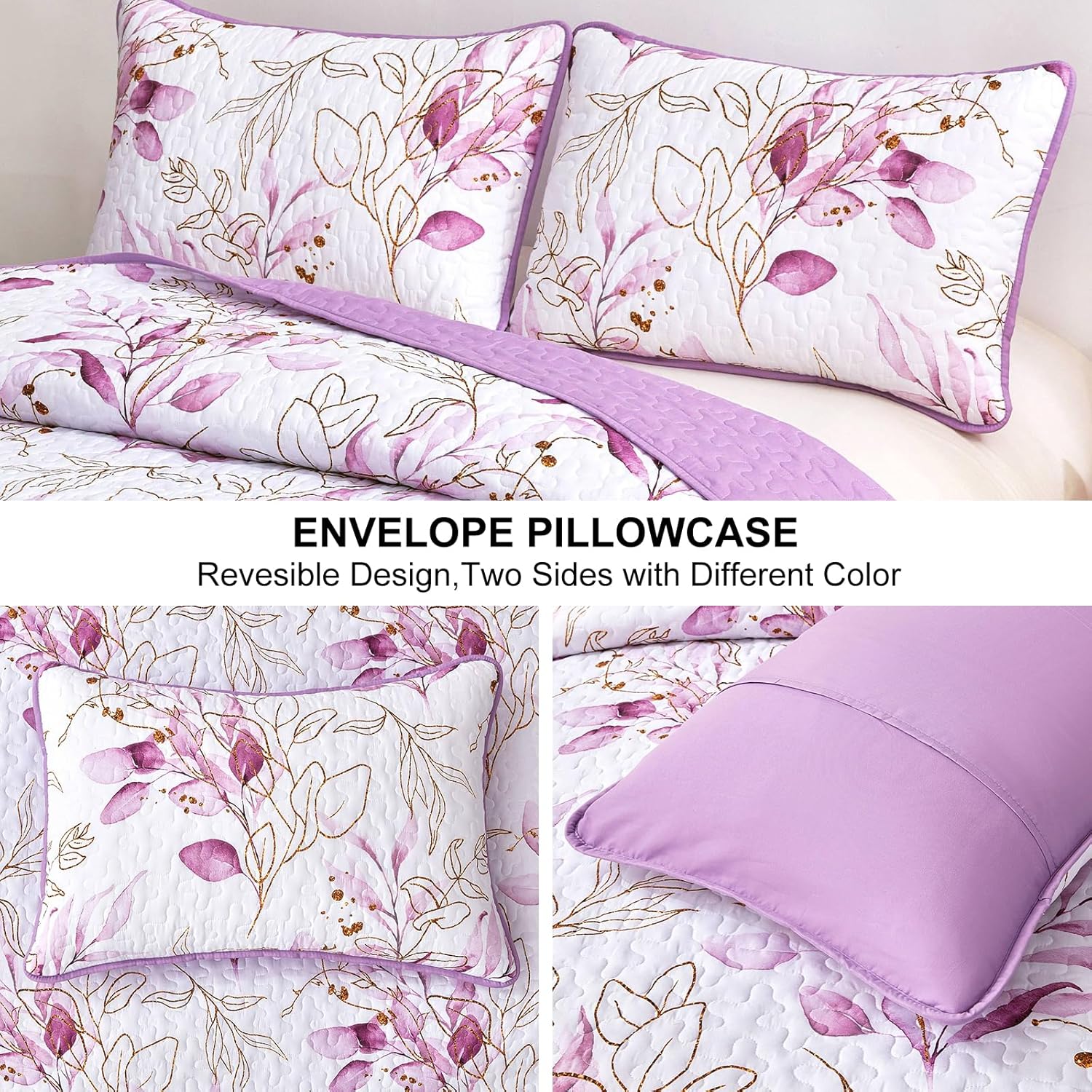Unique Quilted bedspread and pillowcovers set: Stand Out in Style - Queen size with floral and purple reversible design