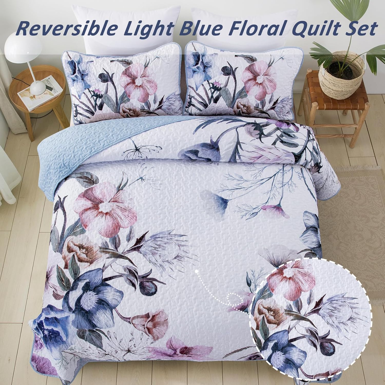 Venerable Quilted bedspread and pillowcovers set: Classic and Elegant - Queen size with reversible light blue floral quilt design on bed