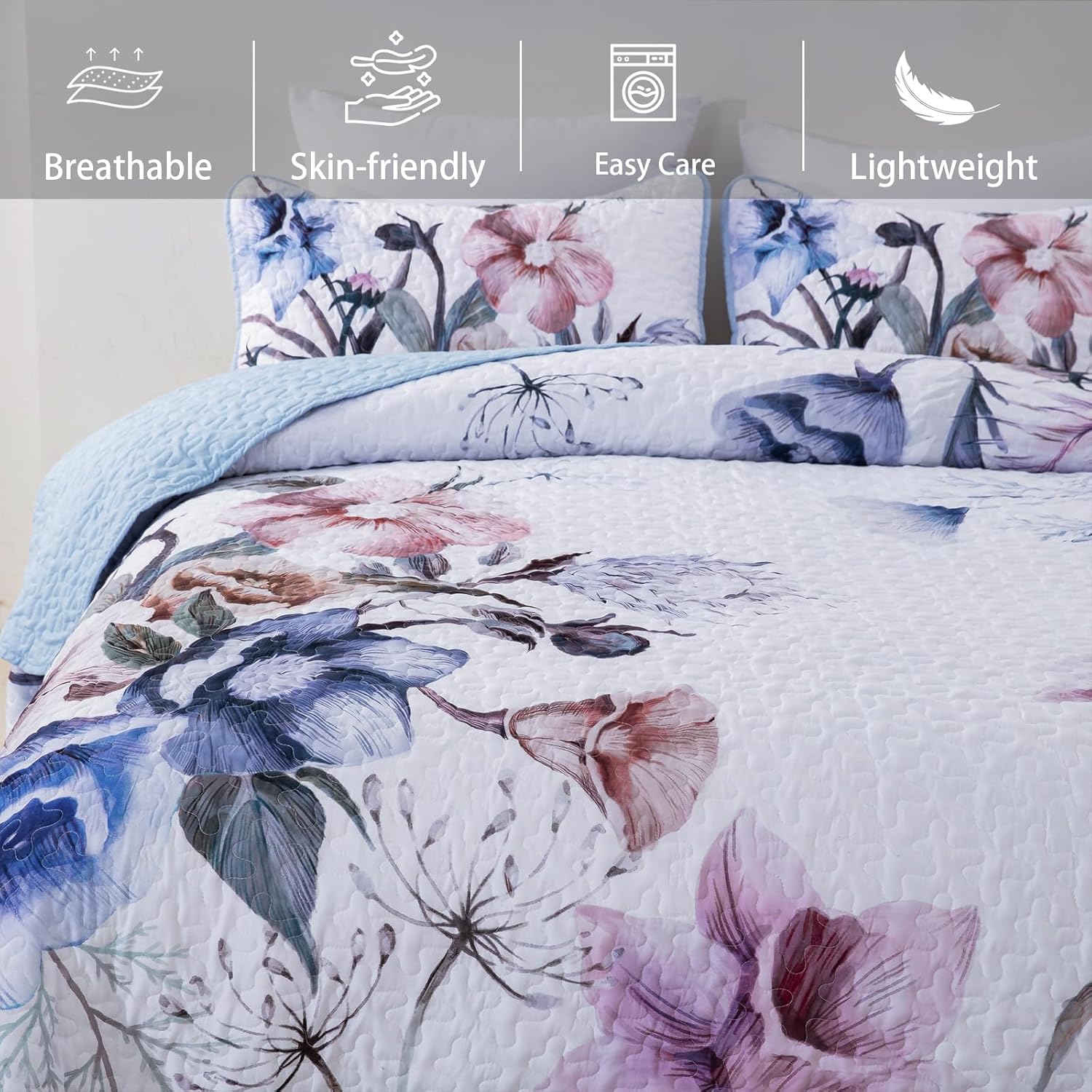 Venerable Quilted bedspread and pillowcovers set: Classic and Elegant - Queen size with floral pattern, breathable and lightweight design