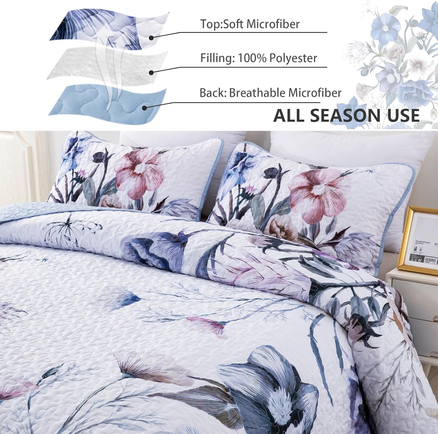Venerable Quilted bedspread and pillowcovers set: Classic and Elegant - Queen size with floral design on bedzy bedroom furniture