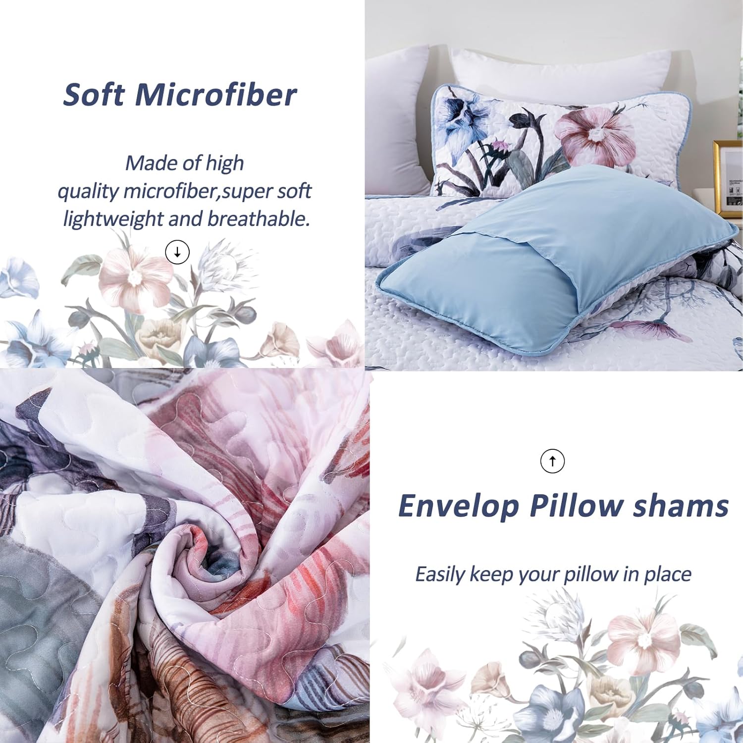 Venerable Quilted bedspread and pillowcovers set: Classic and Elegant - Queen size with floral microfiber and envelope pillow shams