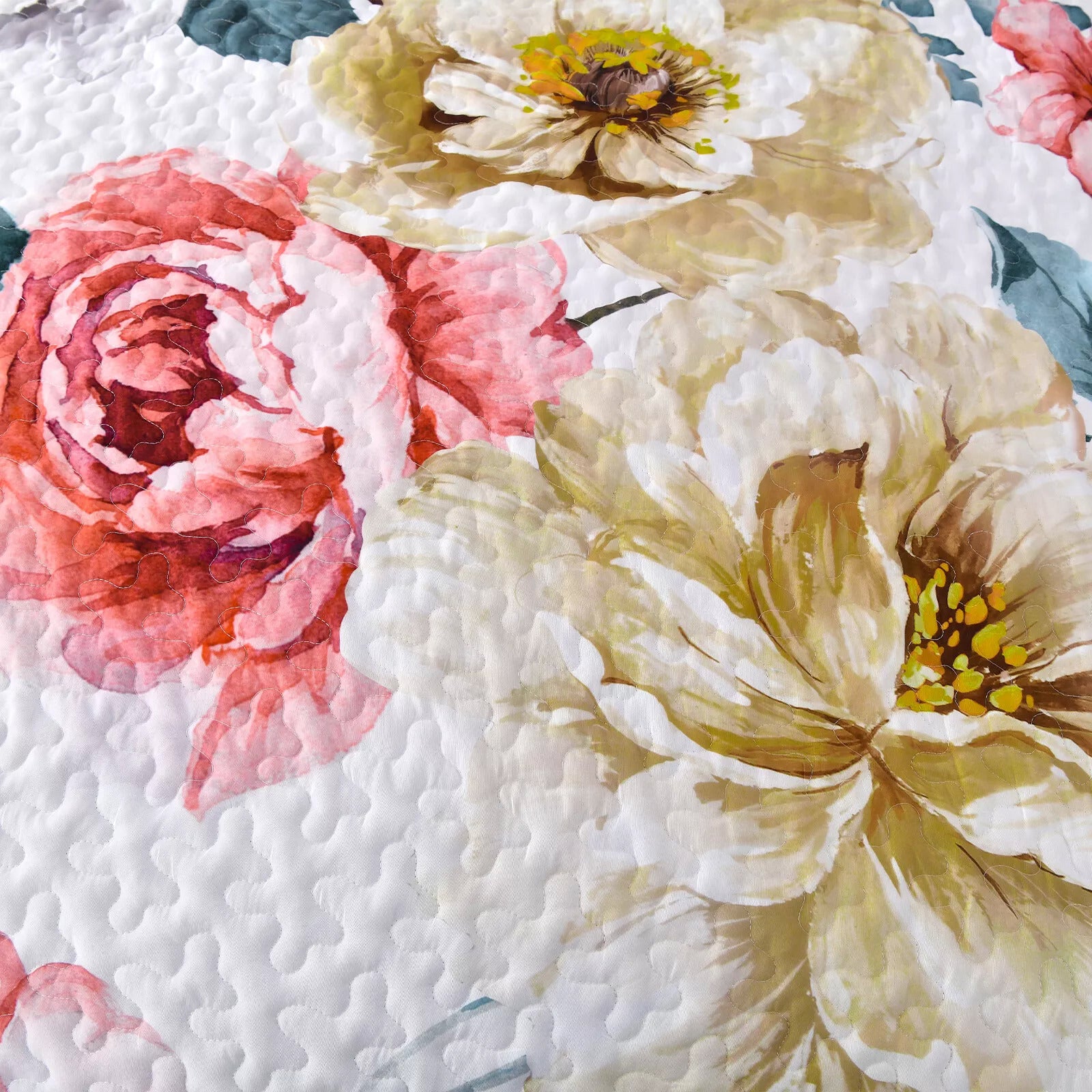 Close-up of floral pattern on Vibrant Quilted Bedspread and Pillowcases Set: Add Color and Comfort to Your Space - Queen size