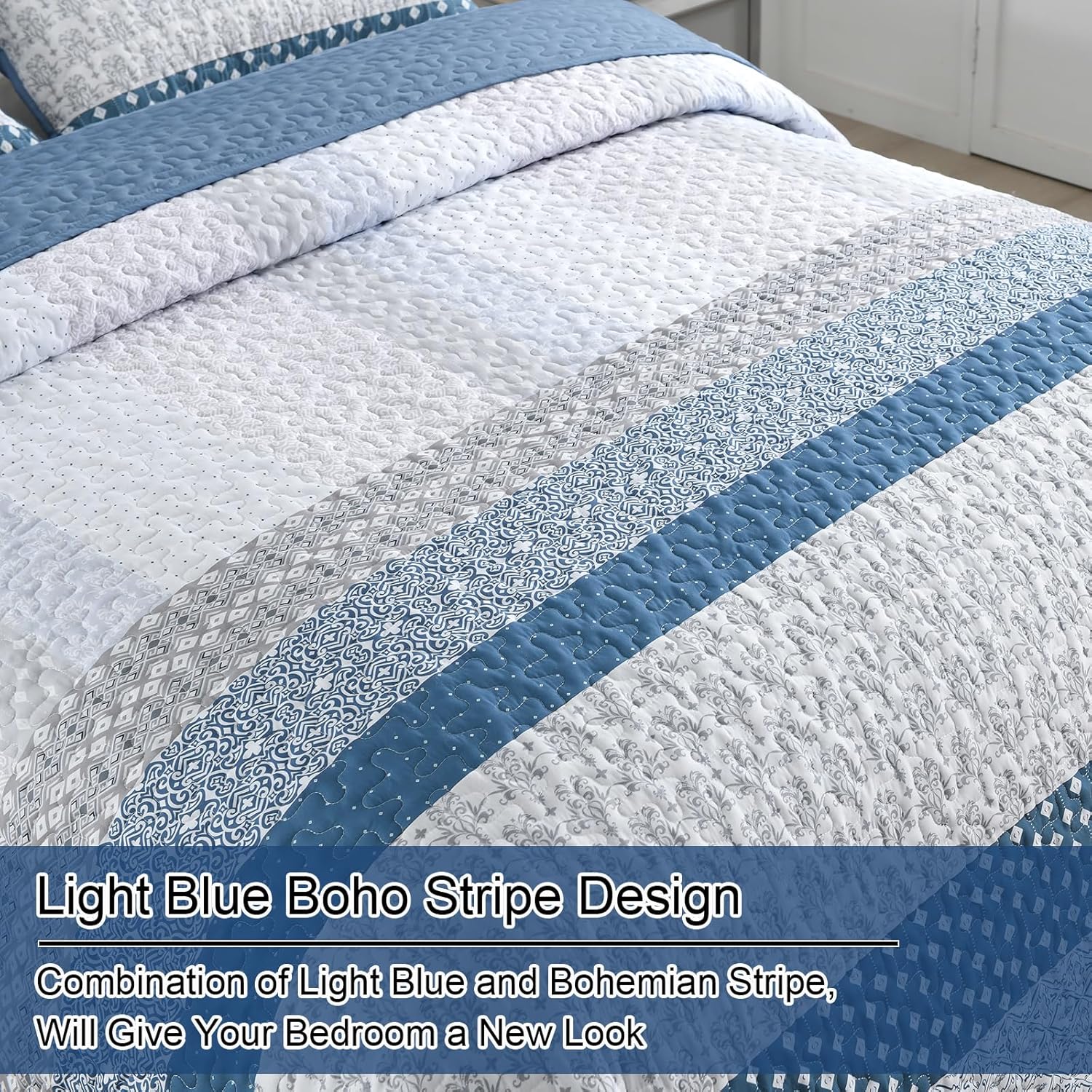 Dazzling Quilted bedspread and pillowcovers set: Add Sparkle to Your Space - Queen size with light blue boho stripe design on quilted bedspread