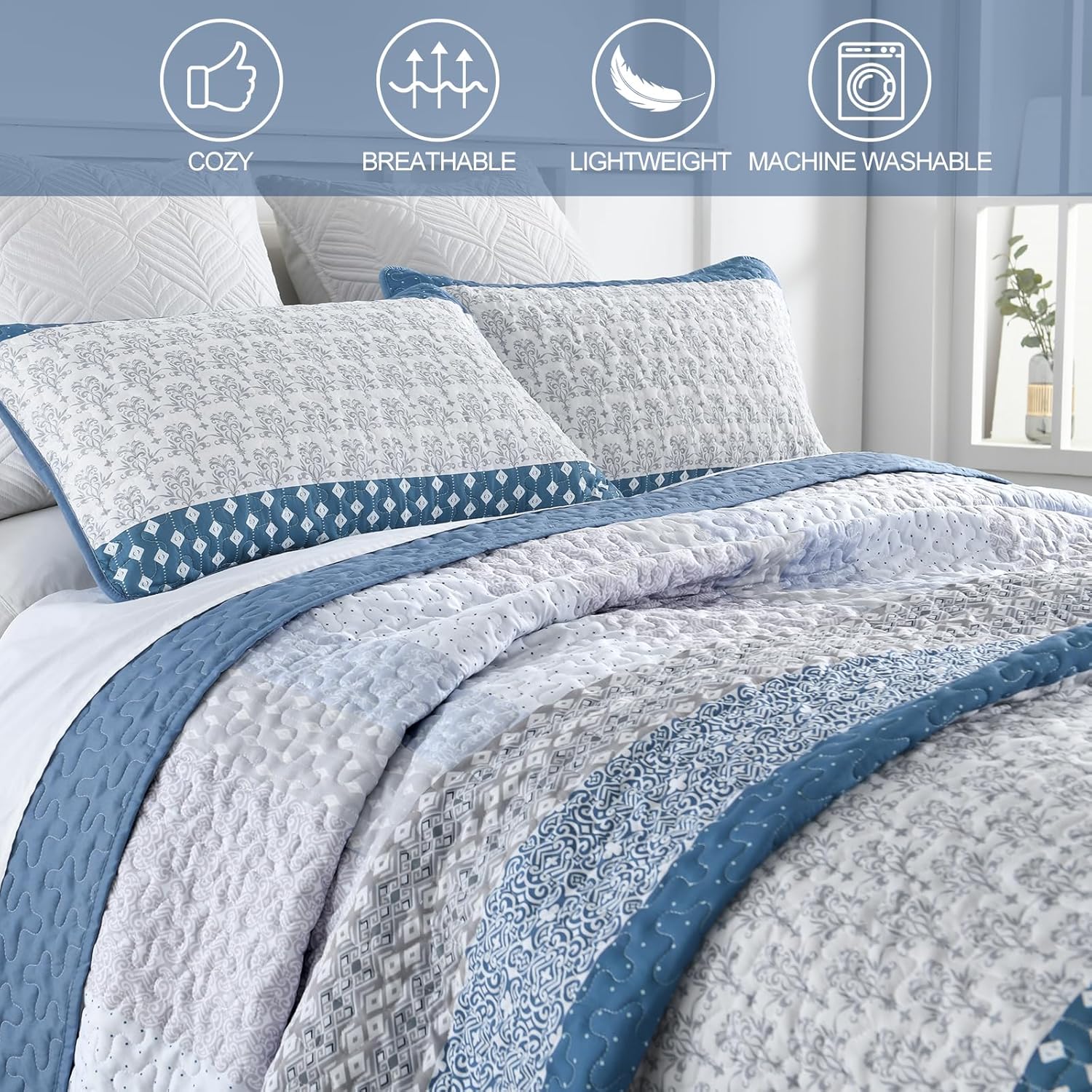 Dazzling Quilted bedspread and pillowcovers set: Add Sparkle to Your Space - Queen size with blue and white quilted patterns on bedzy bed