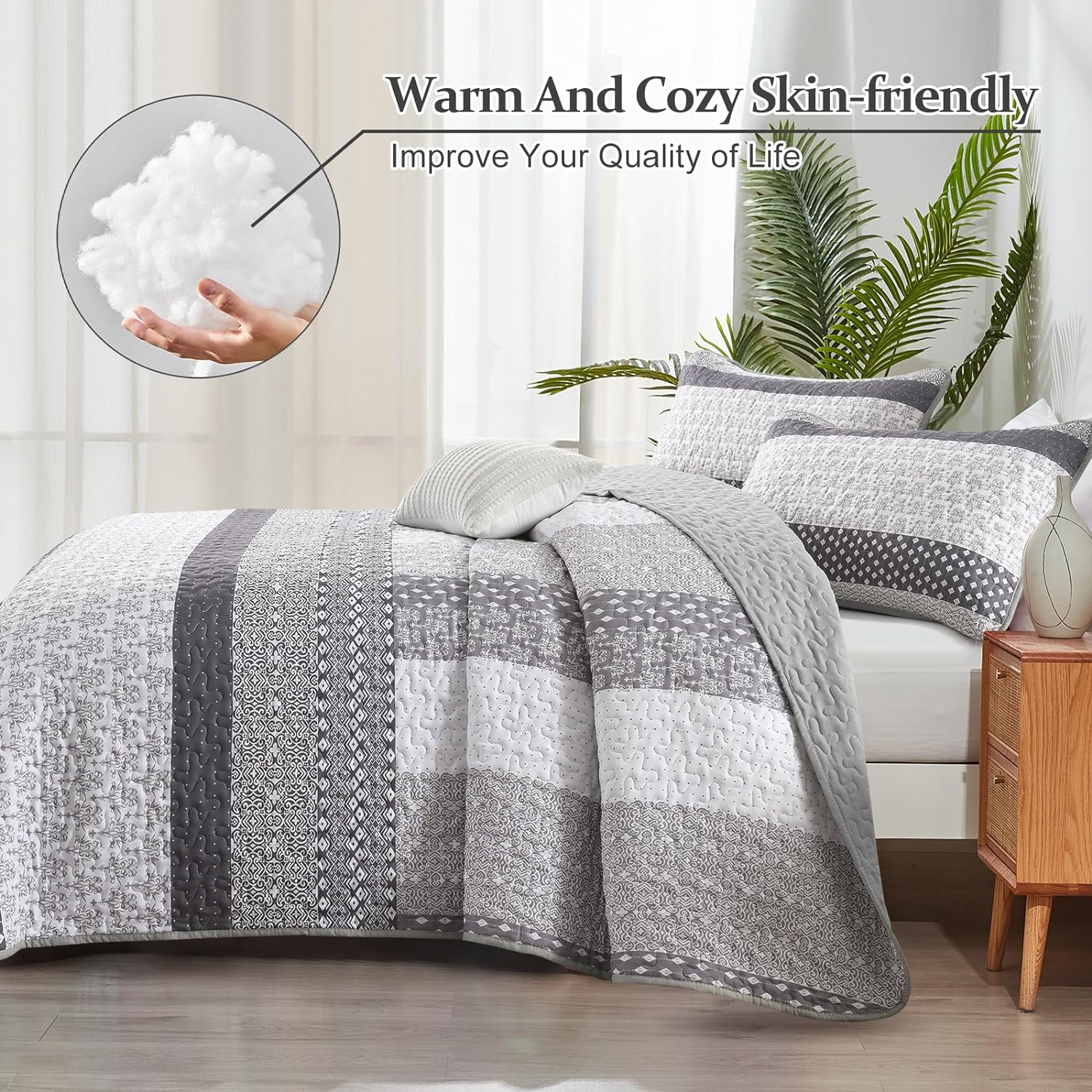 Bespoke Quilted Bedspread and Pillowcases Set: Tailored Luxury for Your Home - Queen size in gray tones on a bed with wooden nightstand