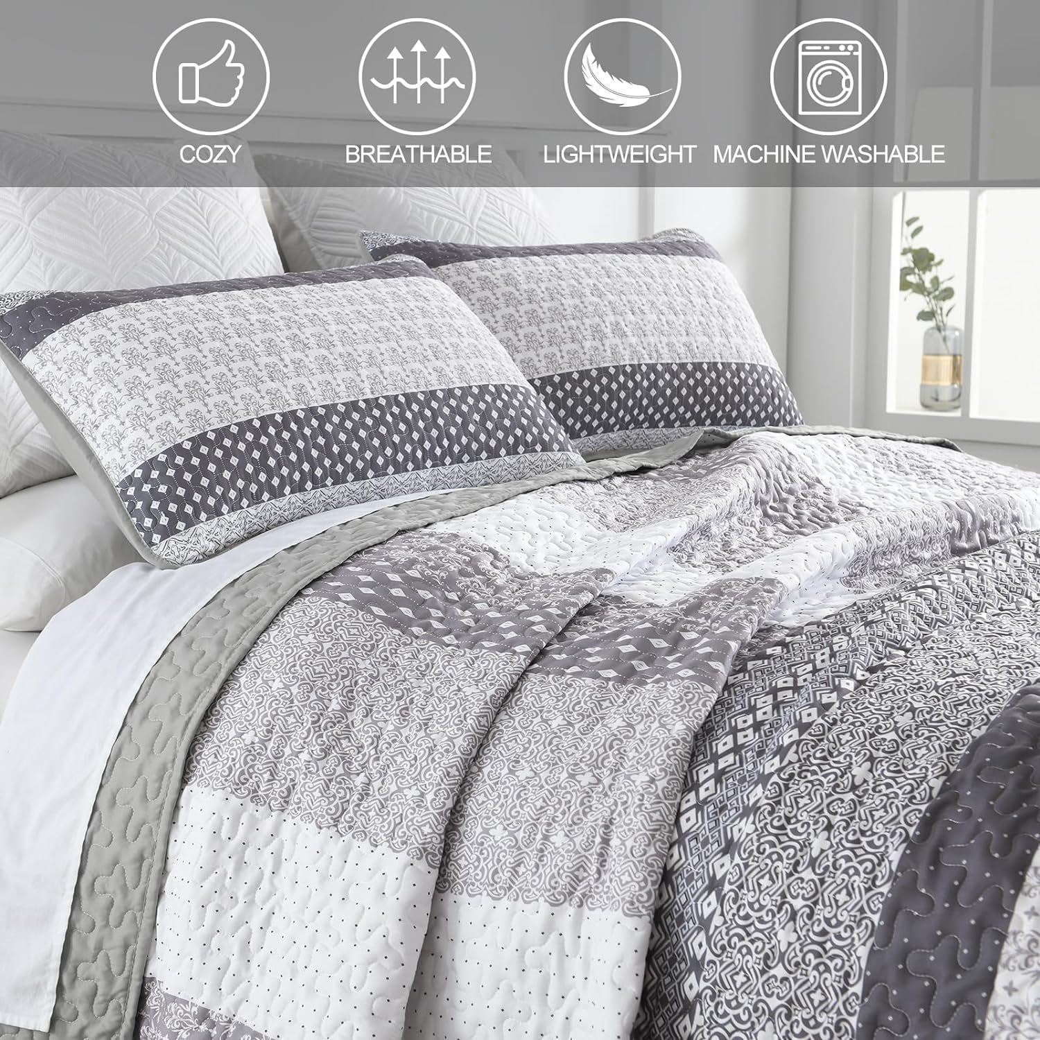 Bespoke Quilted Bedspread and Pillowcases Set: Tailored Luxury for Your Home - Queen size in gray patterned bedding on white bed