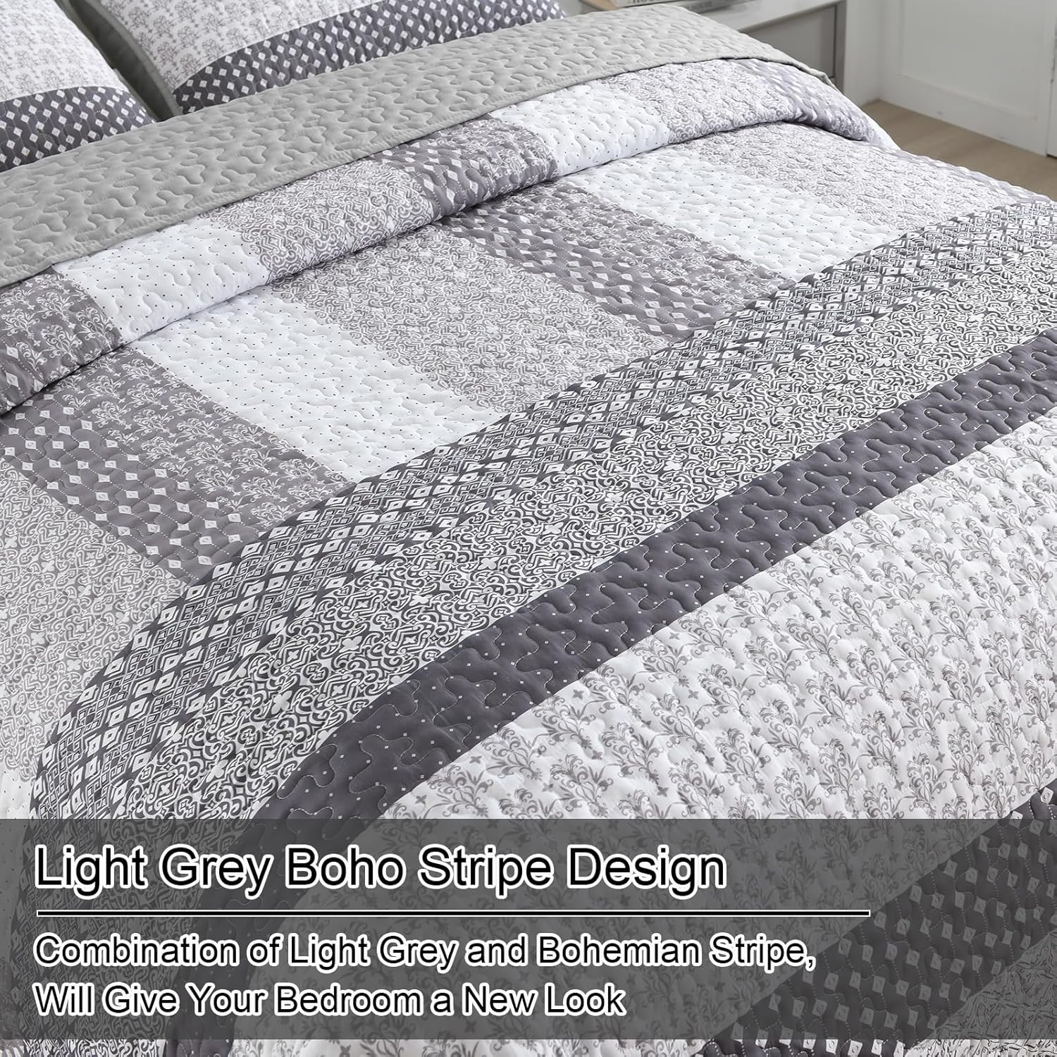 Bespoke Quilted Bedspread and Pillowcases Set: Tailored Luxury for Your Home - Queen size with light grey boho stripe design