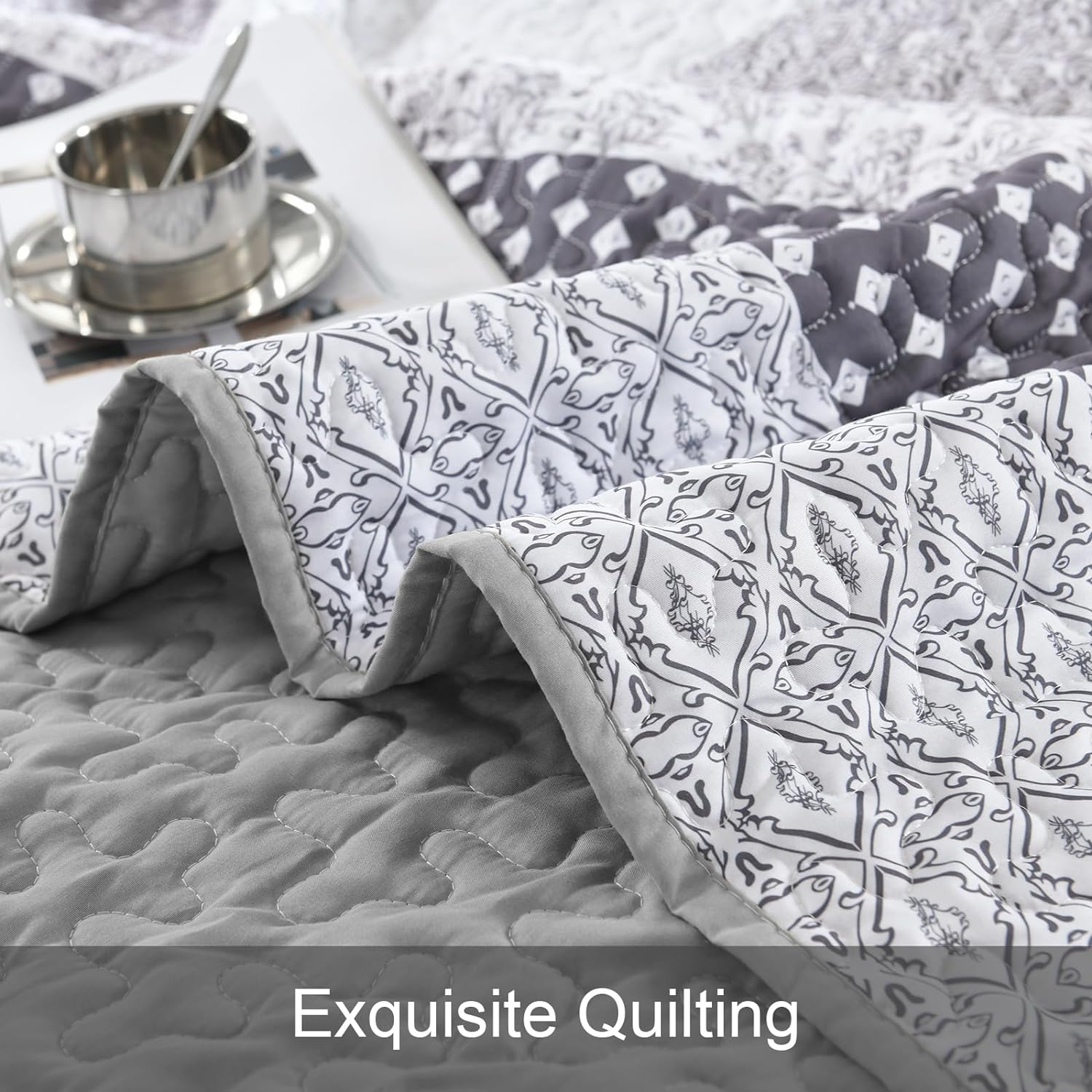 Bespoke Quilted Bedspread and Pillowcases Set: Tailored Luxury for Your Home - Queen size with detailed gray and white pattern quilting