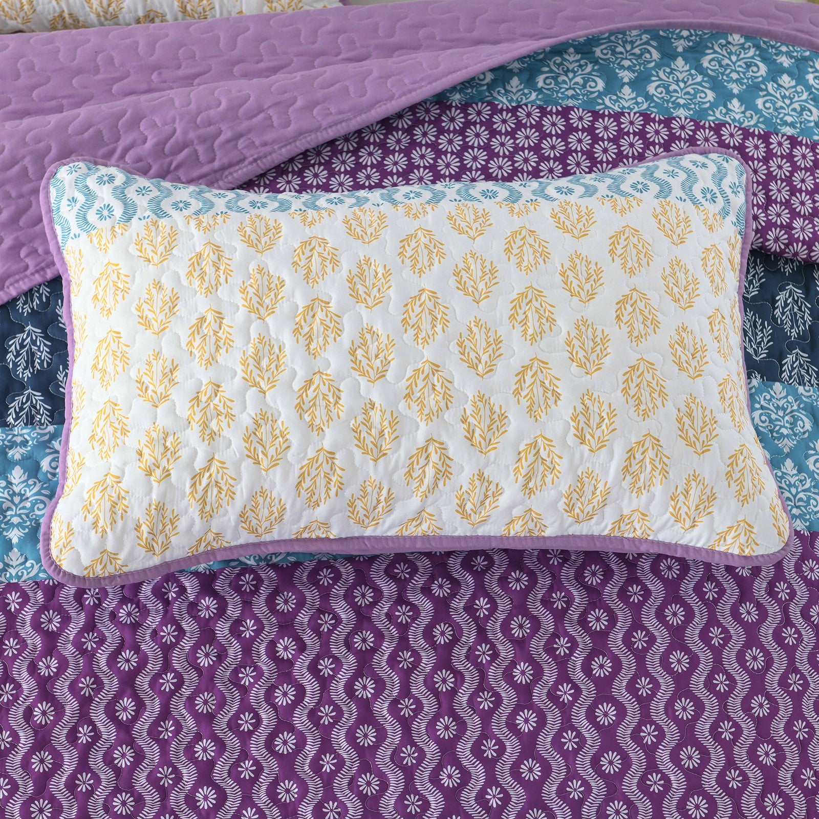 Quirky Quilted coverlet and pillowcovers set: Add Personality to Your Space - Queen size with floral patterns and purple quilted coverlet