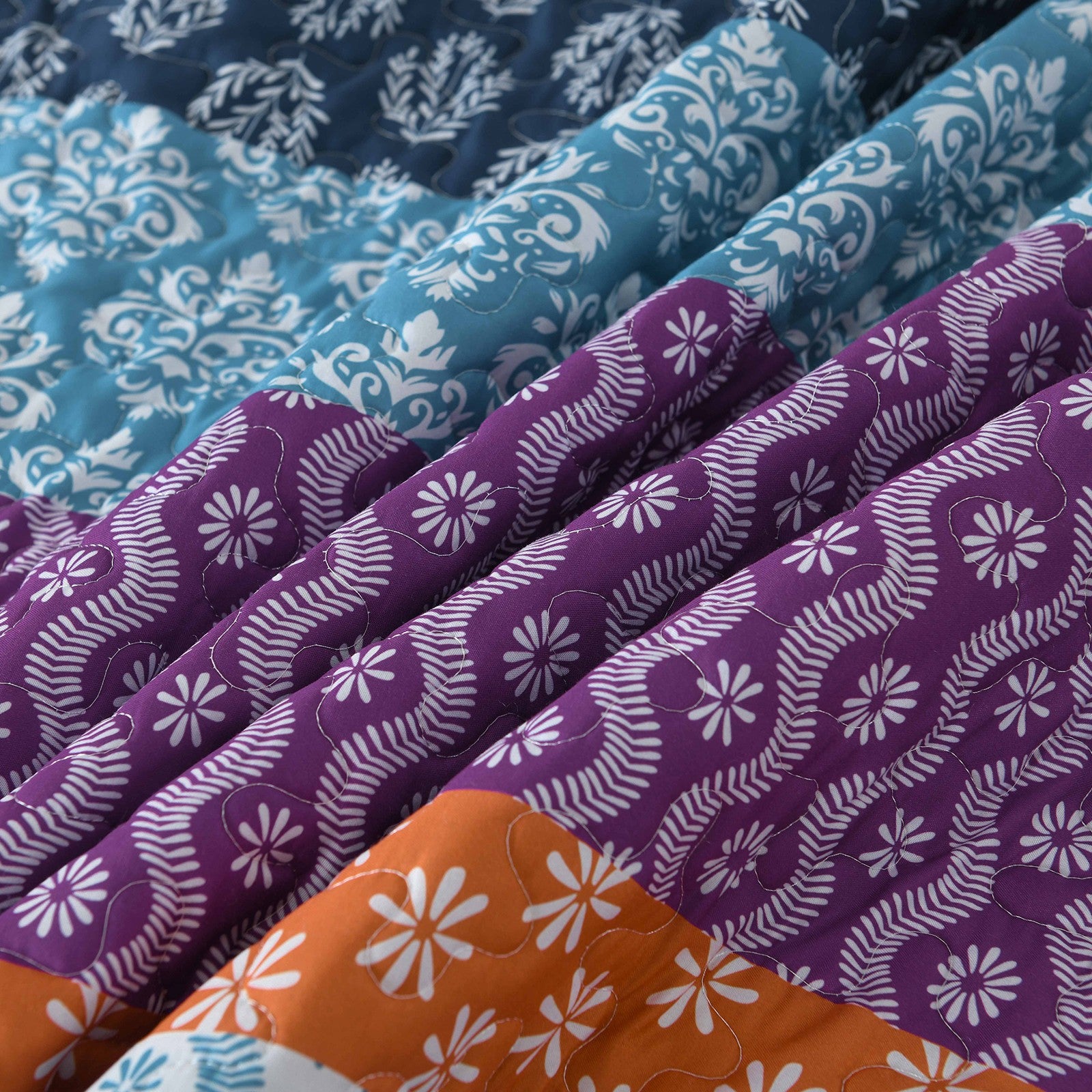 Quirky Quilted coverlet and pillowcovers set: Add Personality to Your Space - Queen size with vibrant blue, purple, and orange patterns