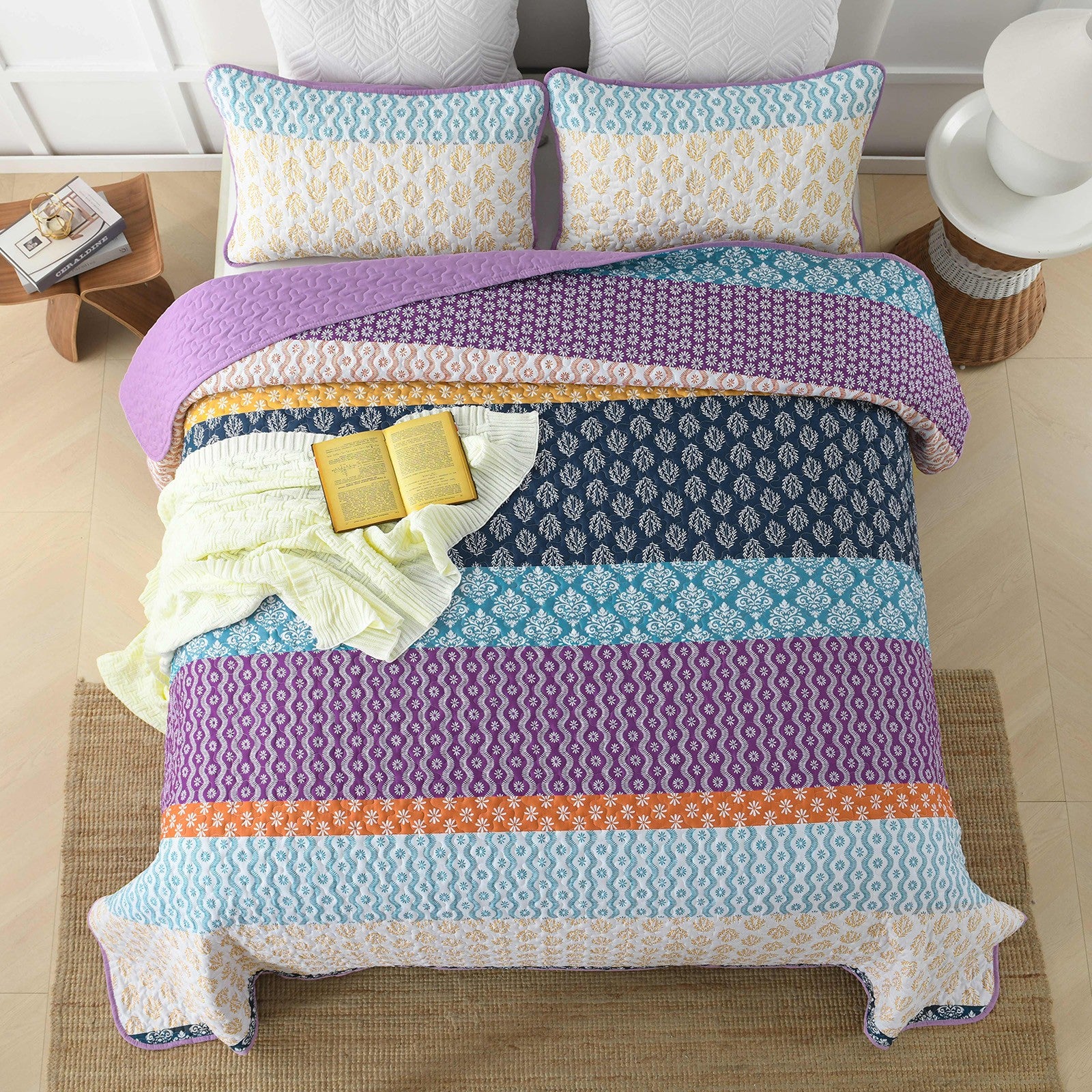 Quirky Quilted coverlet and pillowcovers set: Add Personality to Your Space - Queen size in colorful patchwork on bed with pillows and decor