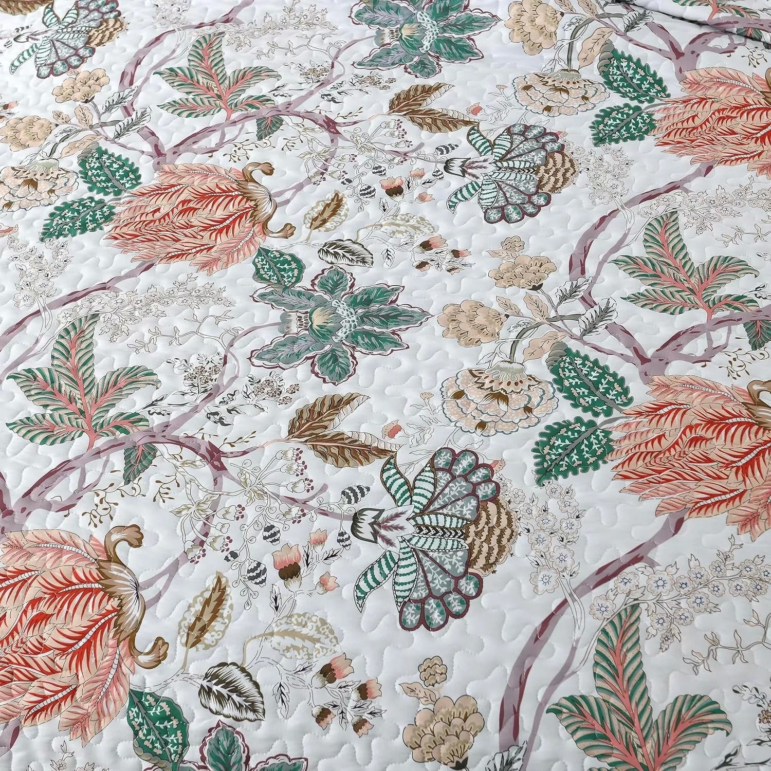 Understated Quilted coverlet and pillowcovers set: Subtle Elegance - Queen size with floral quilted pattern in soft colors