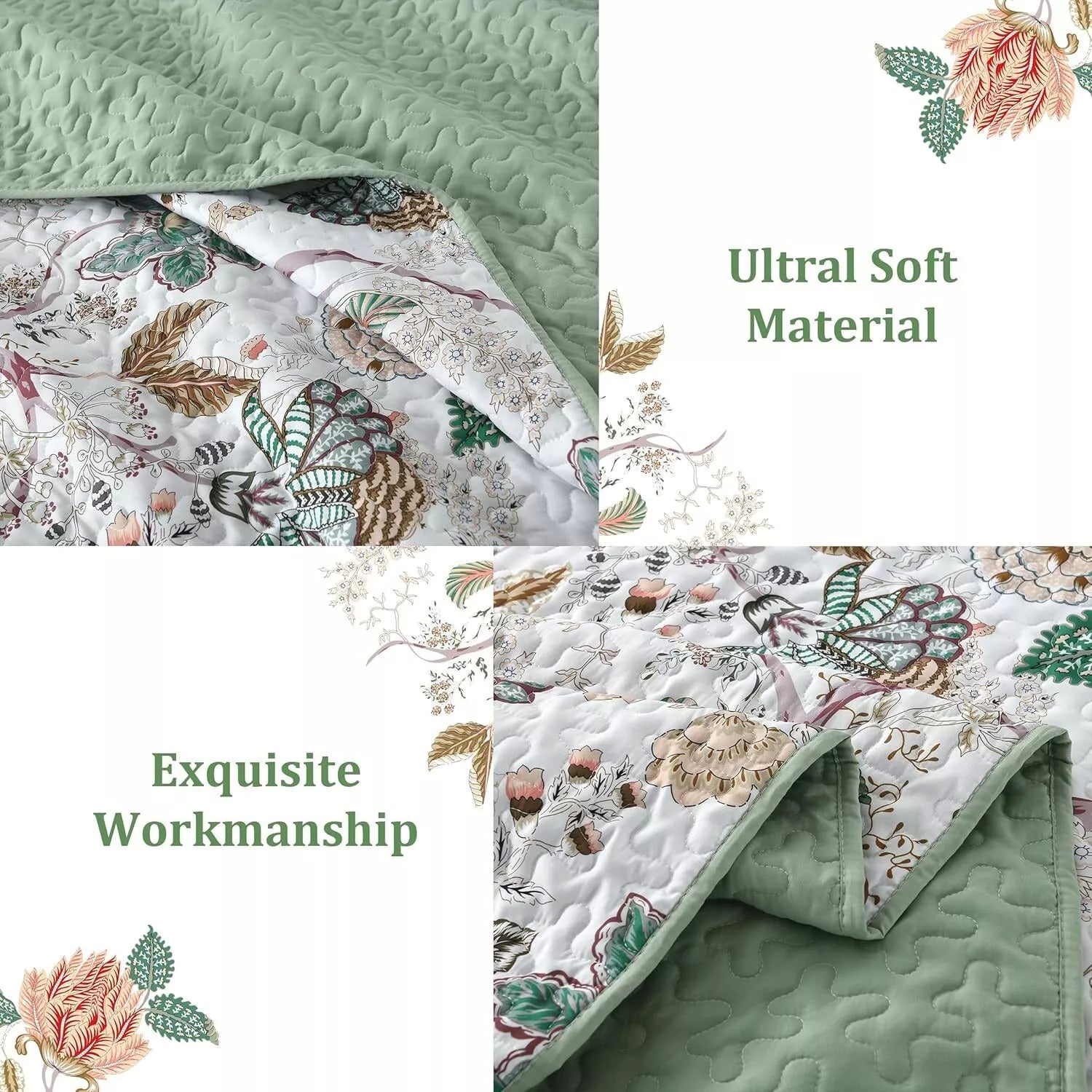 Understated Quilted coverlet and pillowcovers set: Subtle Elegance - Queen size with soft fabric and detailed floral quilting design