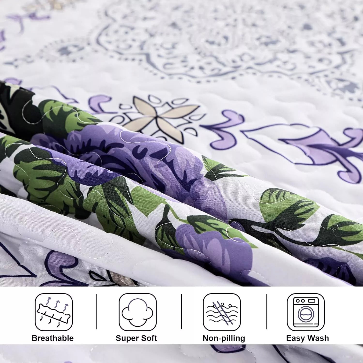 Kaleidoscopic Quilted coverlet and pillowcovers set: Burst of Colors - Queen size with floral pattern and soft texture close-up