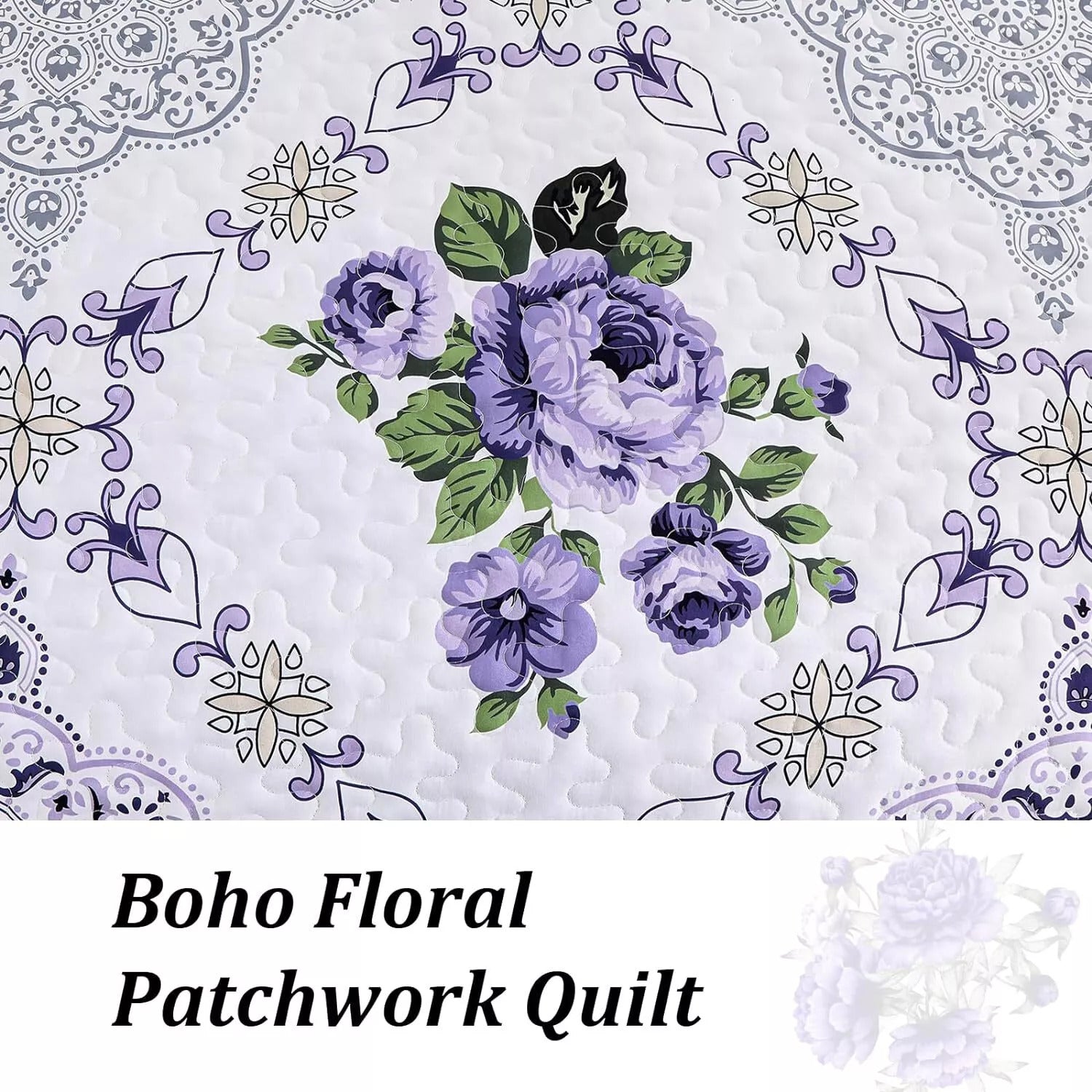 Kaleidoscopic Quilted coverlet and pillowcovers set: Burst of Colors - Queen size with purple floral boho design pattern