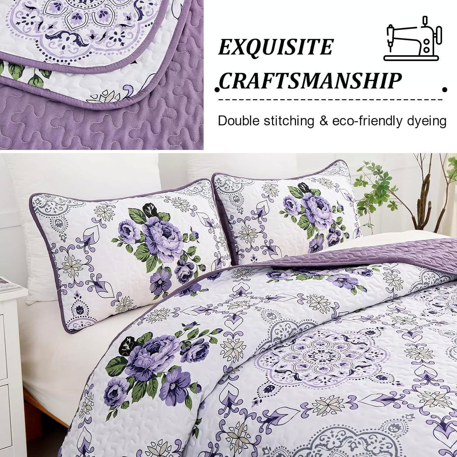 Kaleidoscopic Quilted coverlet and pillowcovers set: Burst of Colors - Queen size with floral patterns and double stitched purple edging