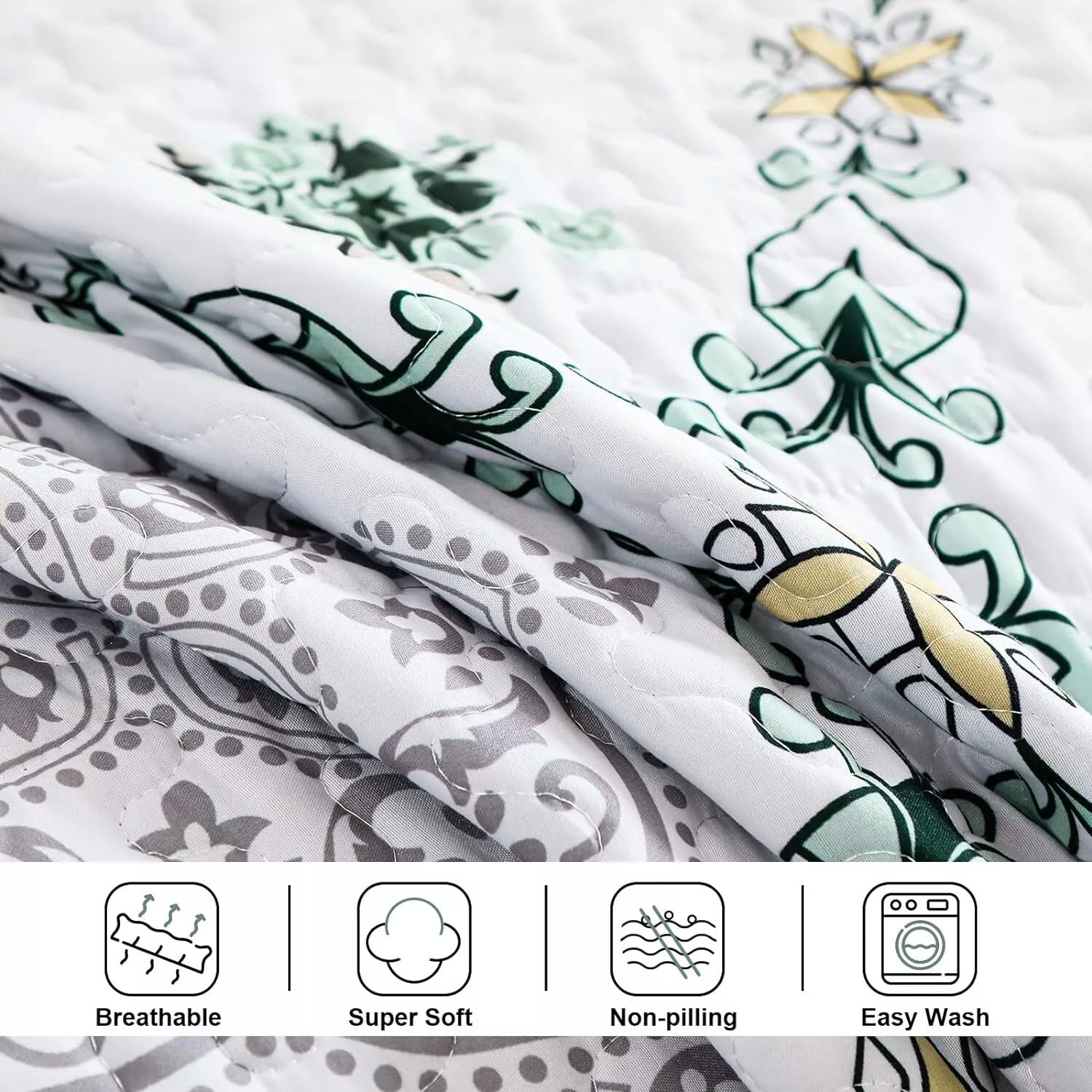 Close-up of patterned quilted fabric from Exquisite Quilted Bedspread and Pillowcases Set: A Touch of Elegance for Your Space - Queen size