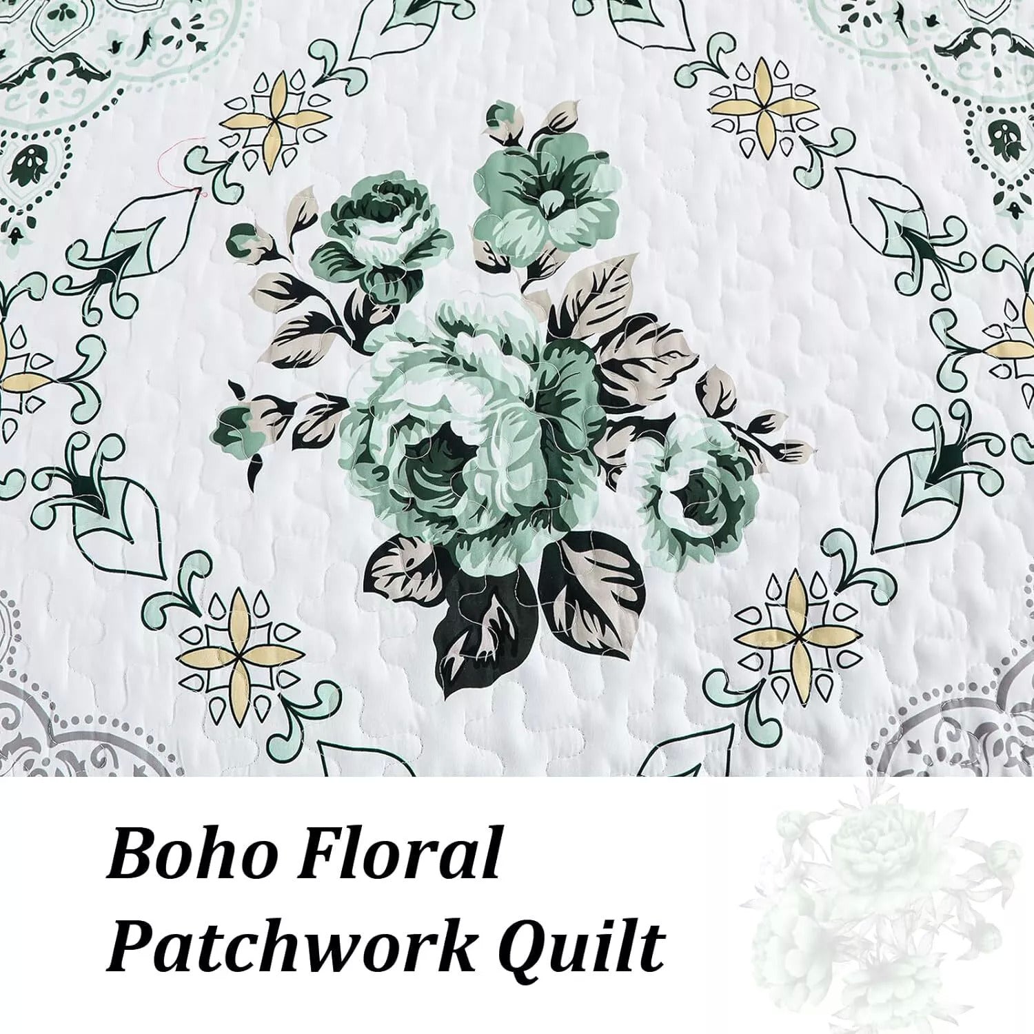 Exquisite Quilted Bedspread and Pillowcases Set: A Touch of Elegance for Your Space - Queen size with boho floral patchwork quilt design.