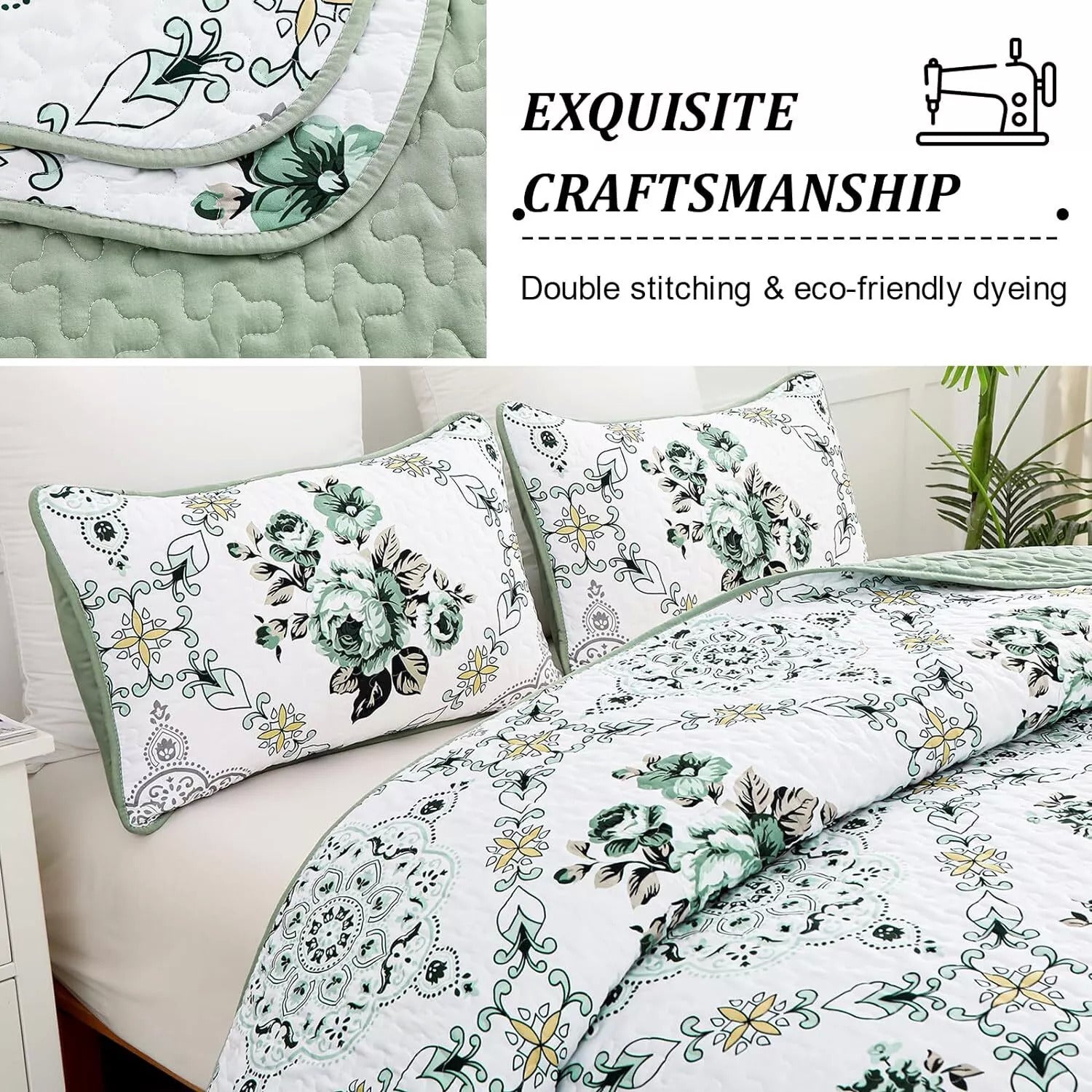 Exquisite Quilted Bedspread and Pillowcases Set: A Touch of Elegance for Your Space - Queen size with floral quilting and double stitching