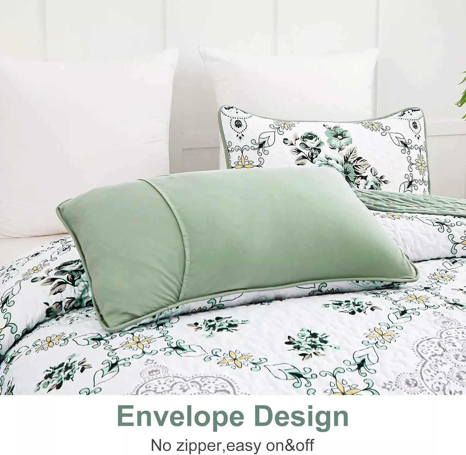 Exquisite Quilted Bedspread and Pillowcases Set: A Touch of Elegance for Your Space - Queen size with floral print and green accent pillow