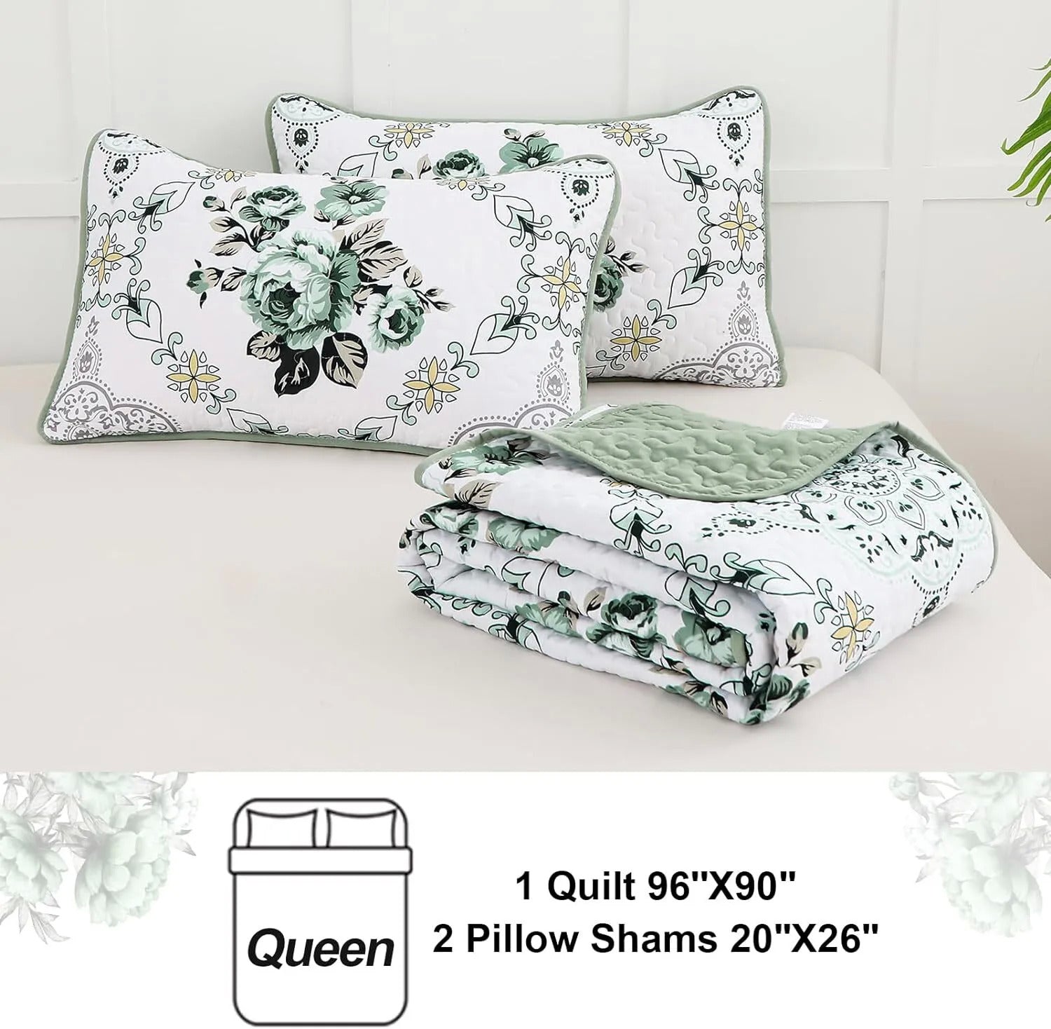 Exquisite Quilted Bedspread and Pillowcases Set: floral pattern fabric with green and yellow accents, queen size bedding set.