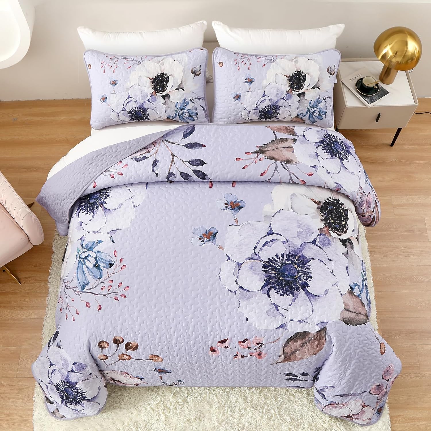 Beautiful Quilted coverlet and pillowcovers set: Comfortable and Versatile - Queen size with floral pattern on bed in bedroom setting