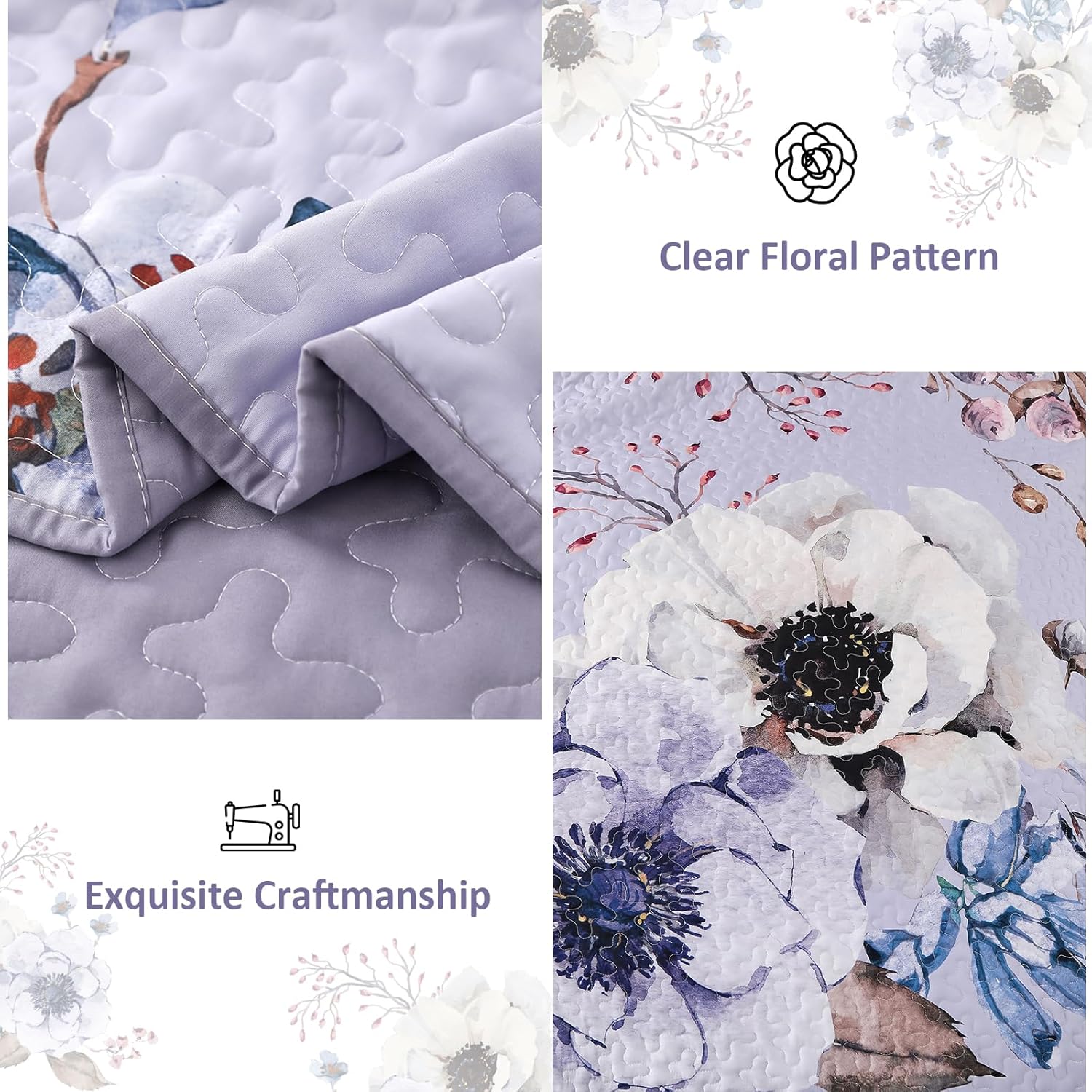 Beautiful Quilted coverlet and pillowcovers set: Comfortable and Versatile - Queen size with floral pattern and detailed stitching