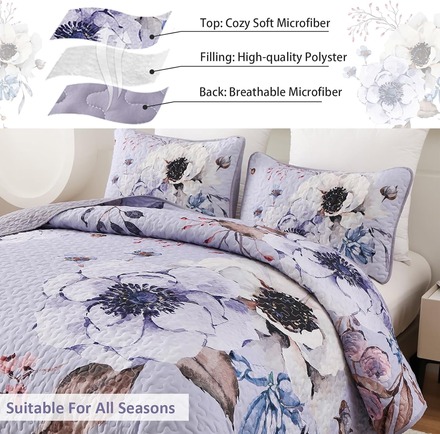 Beautiful Quilted coverlet and pillowcovers set: Comfortable and Versatile - Queen size with floral design on bed in bedroom setting