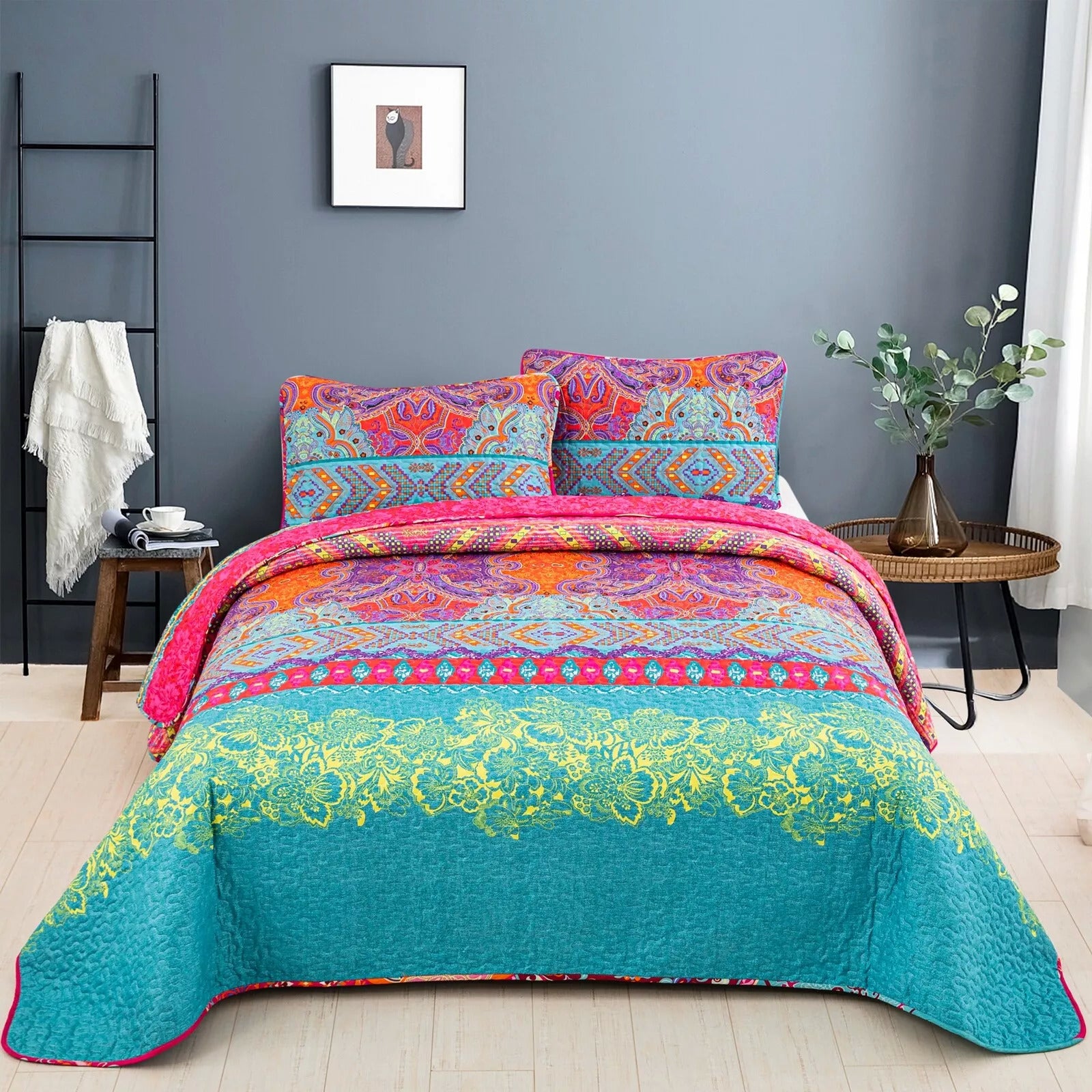 Beautiful Quilted coverlet and pillowcovers set: Comfortable and Versatile - Queen size with vibrant multicolor patterns on bedzy bed