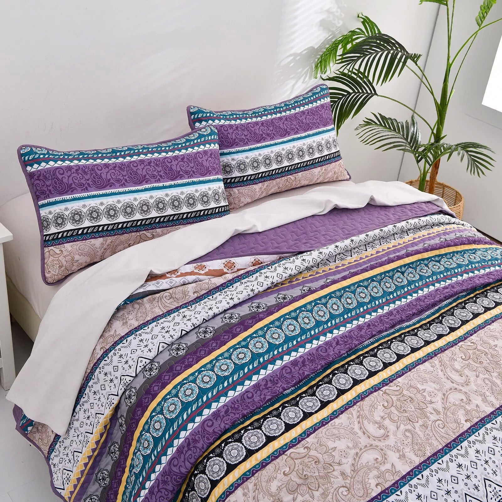 Hygge Quilted bedspread and pillowcovers set: Embrace Cozy Living - Queen size with colorful striped pattern on bedzy bed in bedroom furniture setting