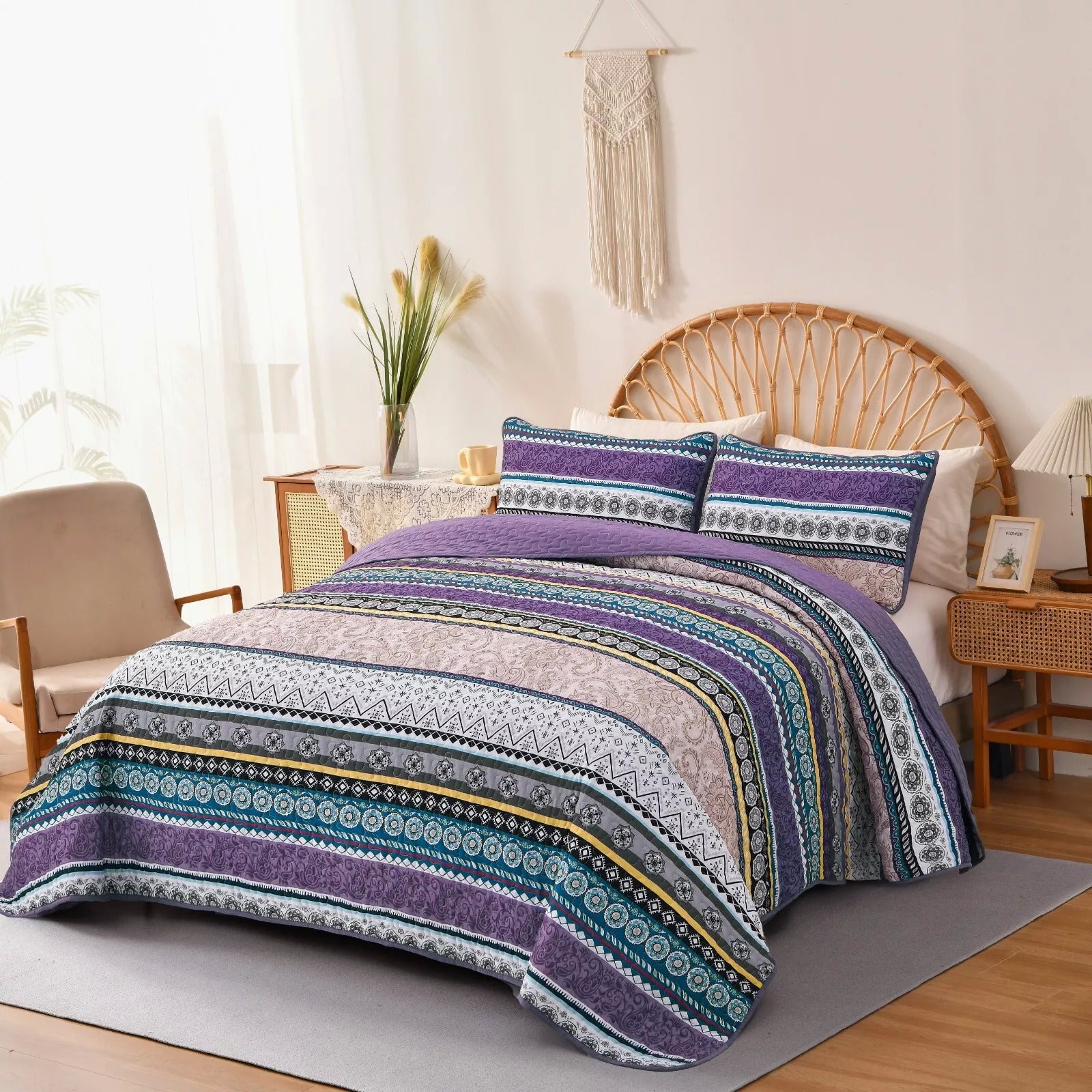 Hygge Quilted bedspread and pillowcovers set: Embrace Cozy Living - Queen size with striped pattern on queen bed in bedroom setting