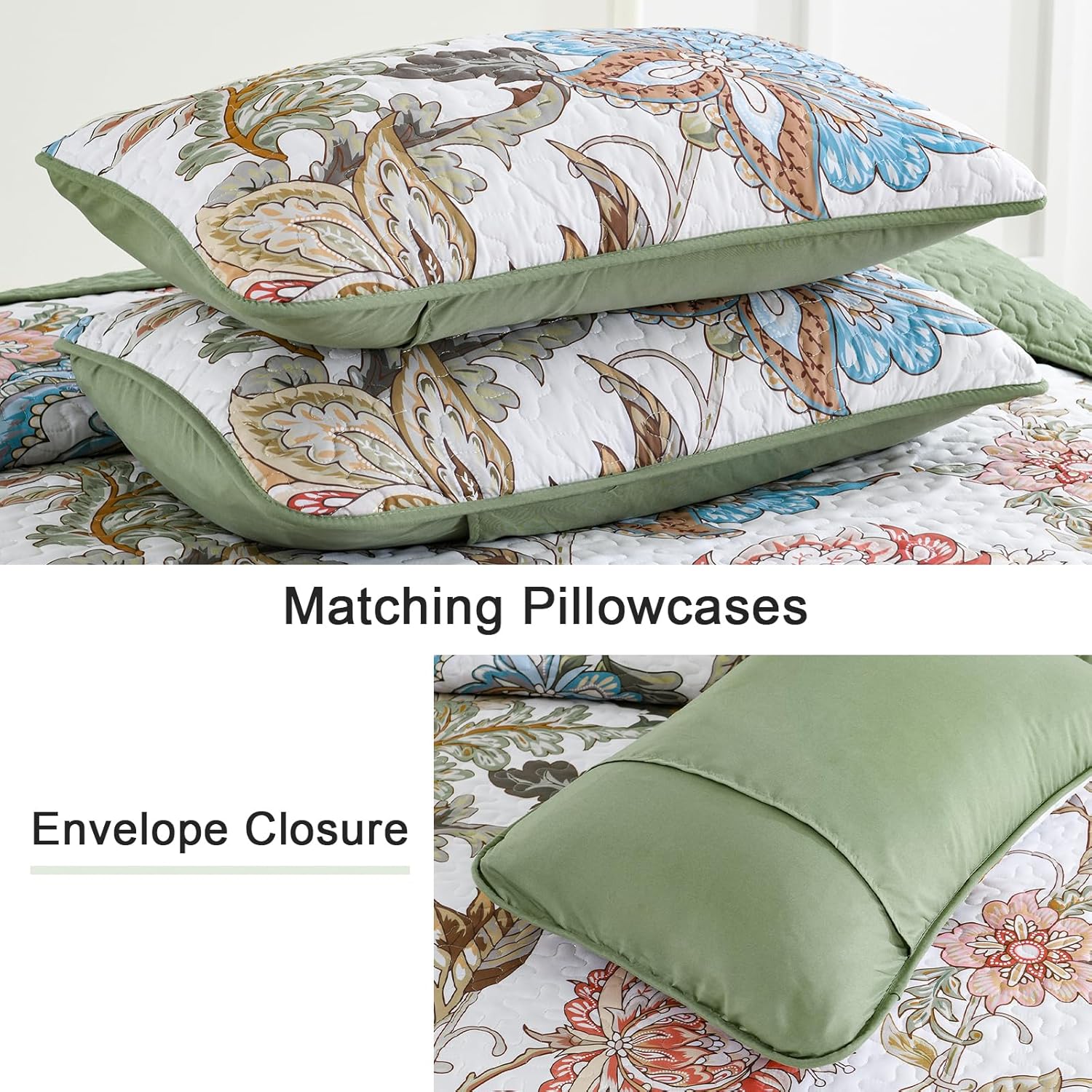 Warm and Inviting Quilted Bedspread and Pillowcases Set: Designed for Relaxation - Queen size with floral print pillowcases and envelope closure