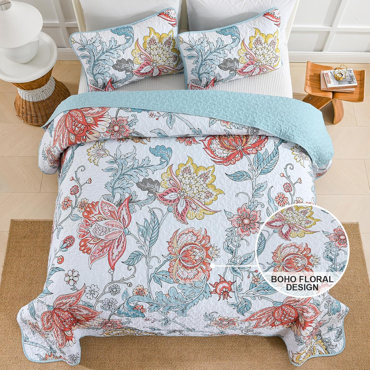 Jazzy Quilted bedspread and pillowcovers set: Express Your Personality - Queen size with boho floral design on a styled bed.