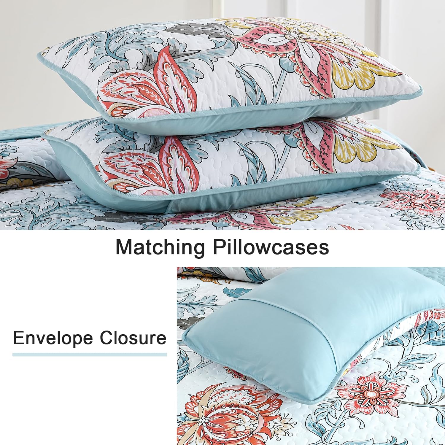 Jazzy Quilted bedspread and pillowcovers set: Express Your Personality - Queen size with floral pattern and envelope closure pillows