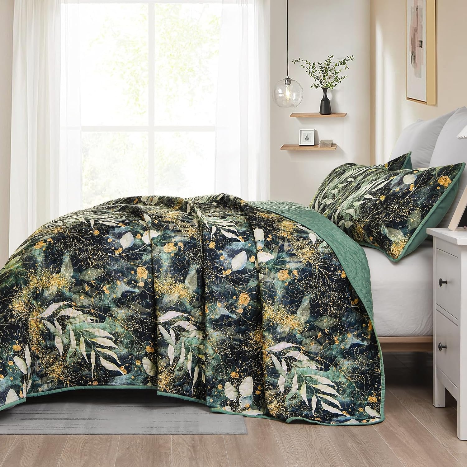Lush Quilted coverlet and pillowcovers set: Soft and Cozy Feel - Queen size with floral patterns on a bed in a bright bedroom